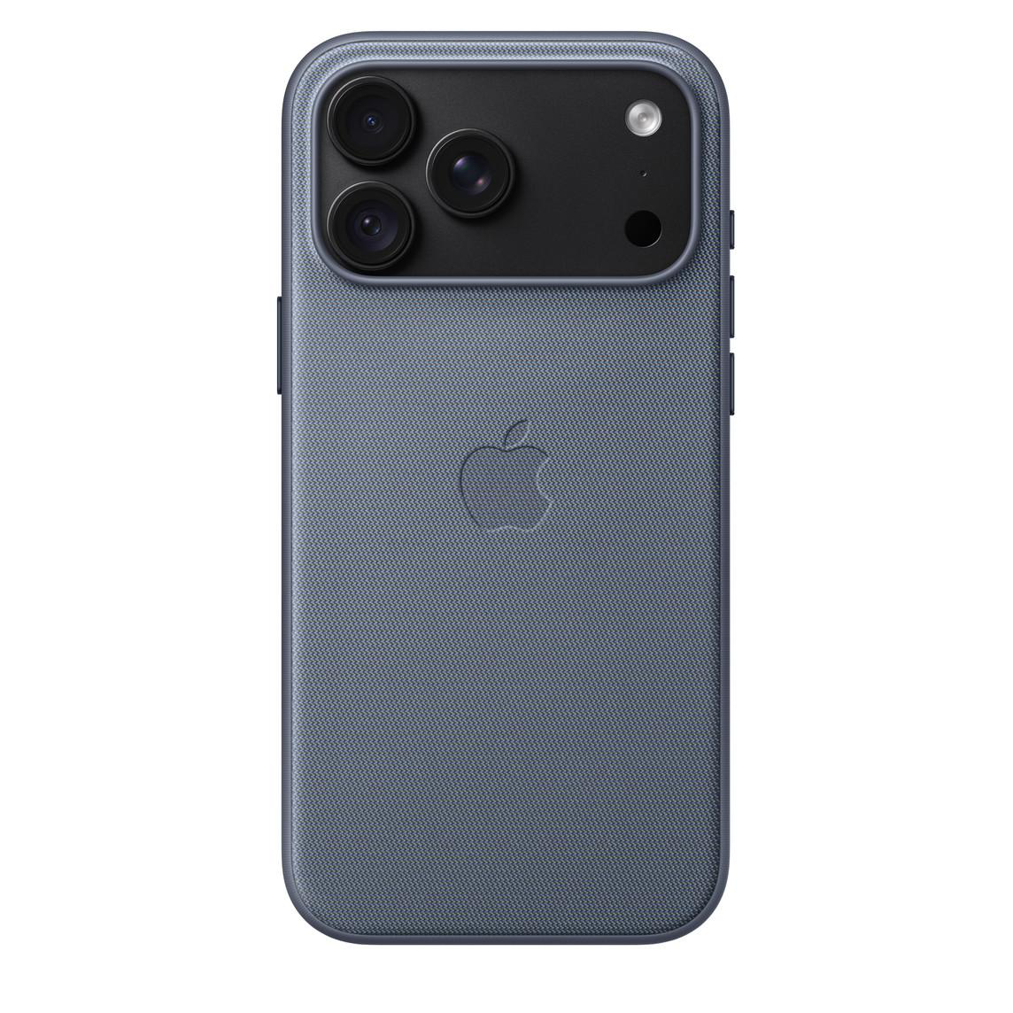 Rückseite eines grauen iPhones mit Hülle, drei Kameralinsen oben und Apple-Logo in der Mitte.