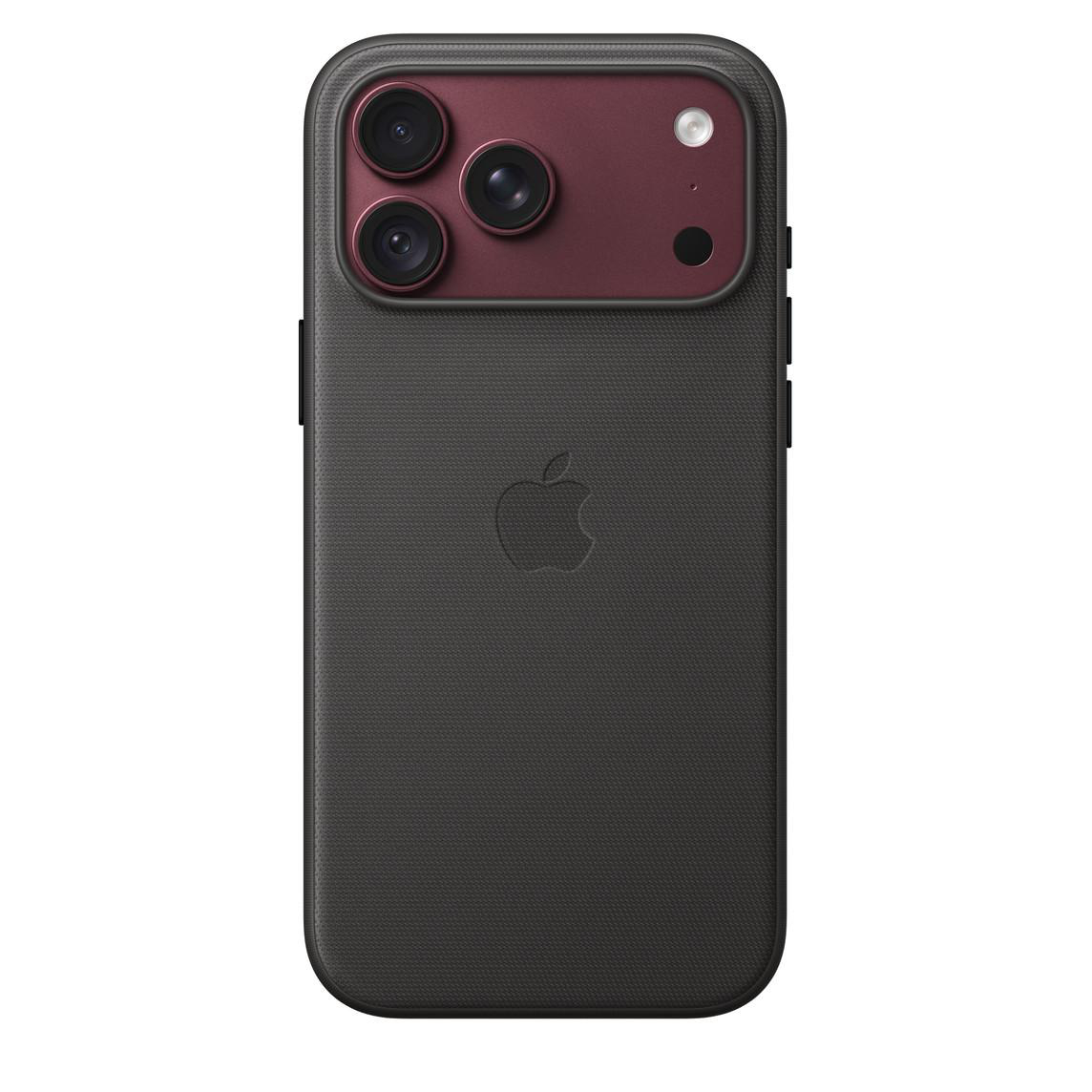 Rückseite eines schwarzen iPhones mit einer dunkelroten Kamerahülle oben und dem Apple-Logo in der Mitte.