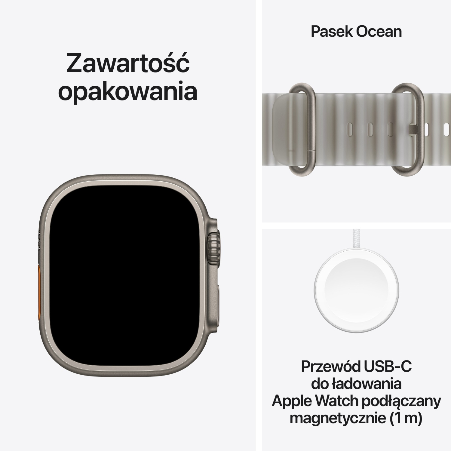 Zawartość opakowania: Apple Watch, pasek Ocean i magnetyczny przewód USB-C do ładowania.