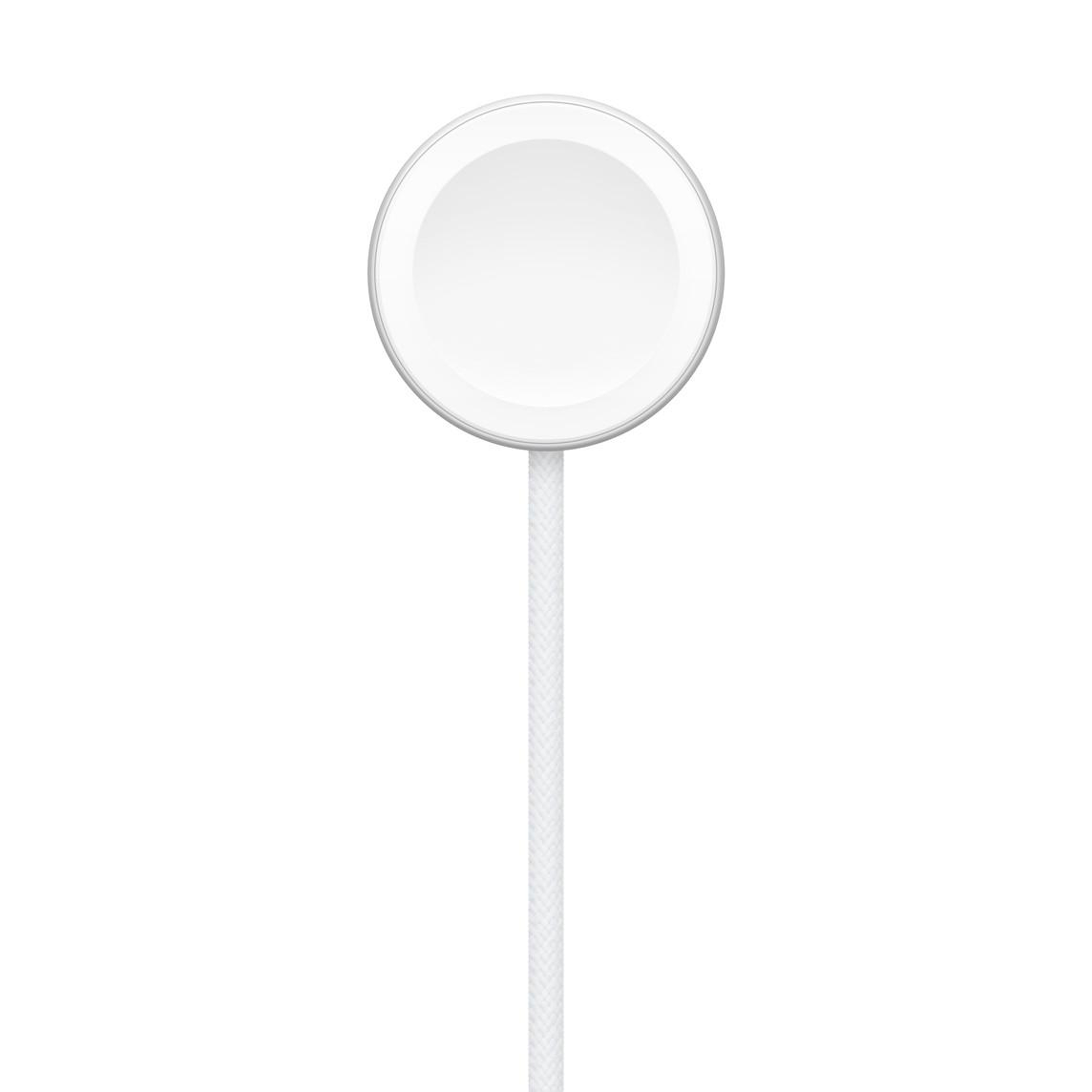 Ein weißes Apple Watch Magnetladekabel auf weißem Hintergrund.