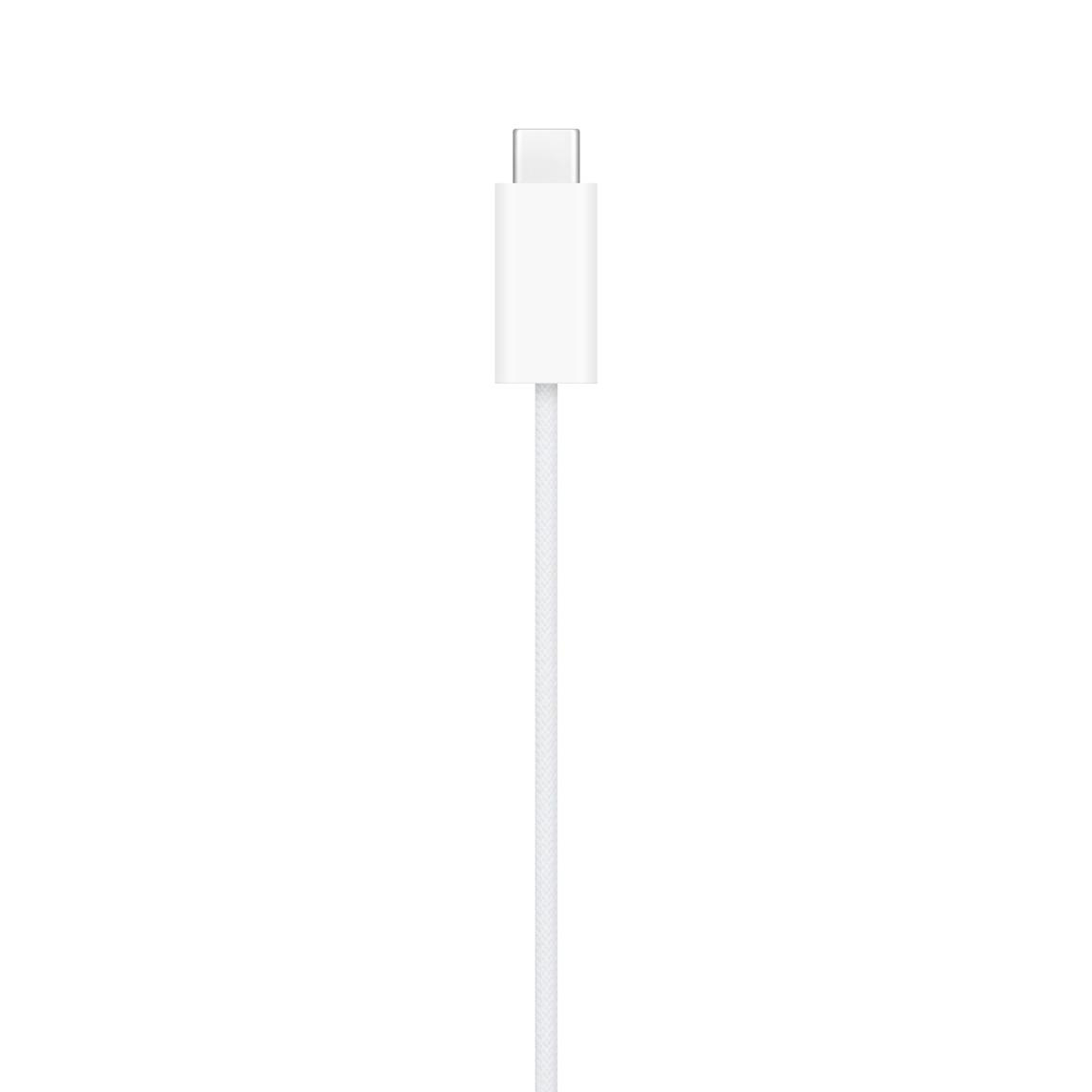 Ein weißer USB-C-Kabelstecker zeigt auf weißem Hintergrund nach oben.