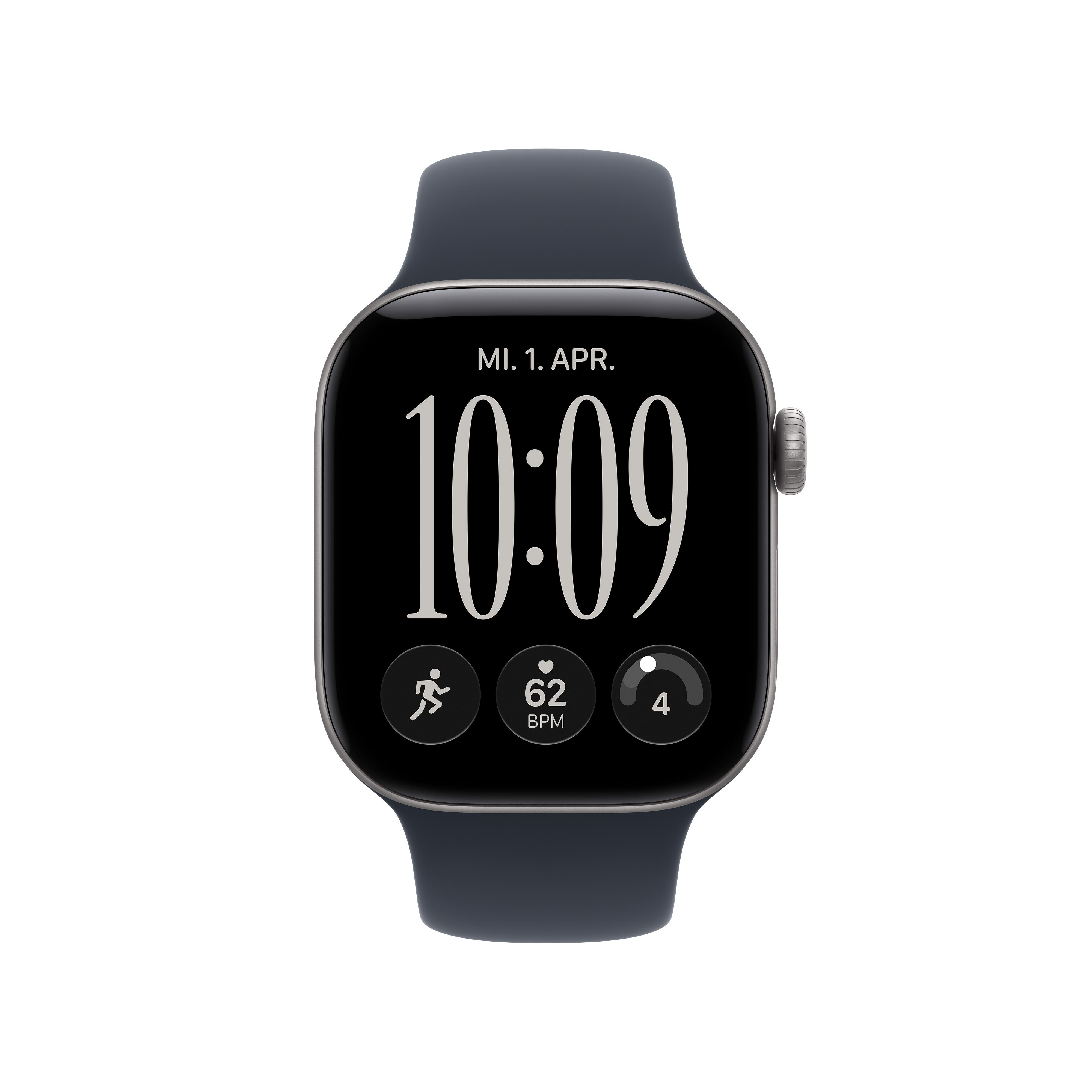 Eine schwarze Smartwatch mit digitaler Zeitanzeige und Aktivitätsdaten auf dem Bildschirm.