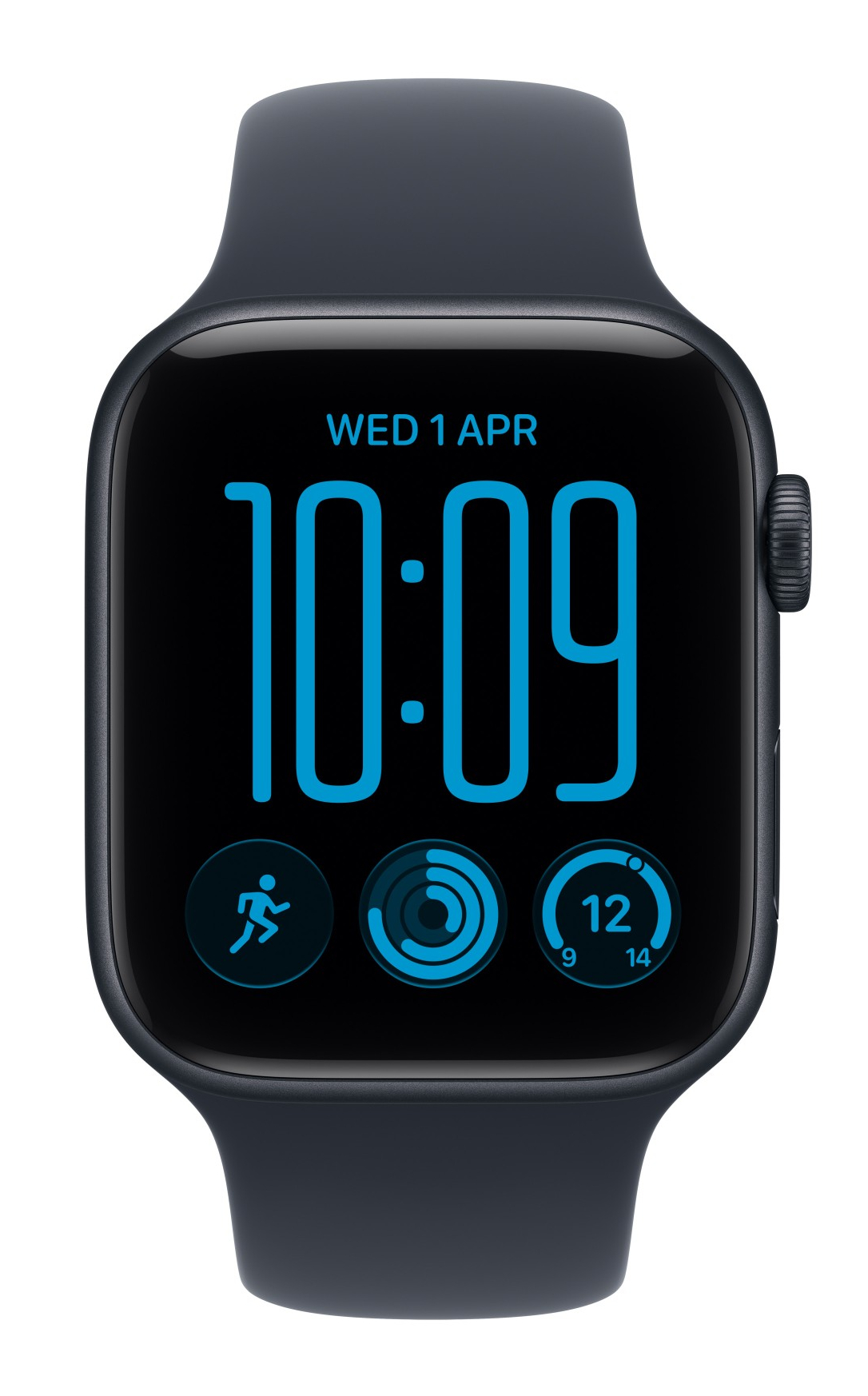 Czarny smartwatch z niebieskim czasem cyfrowym 10:09, datą i ikonami aktywności na białym tle.