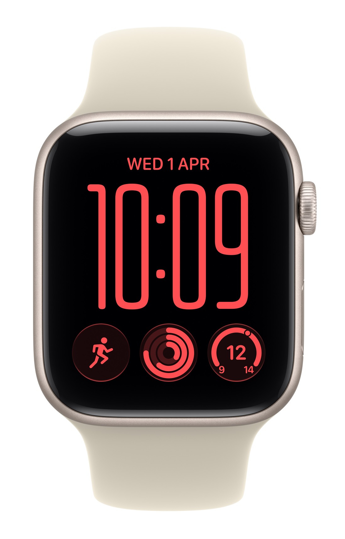 Smartwatch z beżowym paskiem i czarnym ekranem wyświetla godzinę 10:09 oraz dane fitness na czerwono.