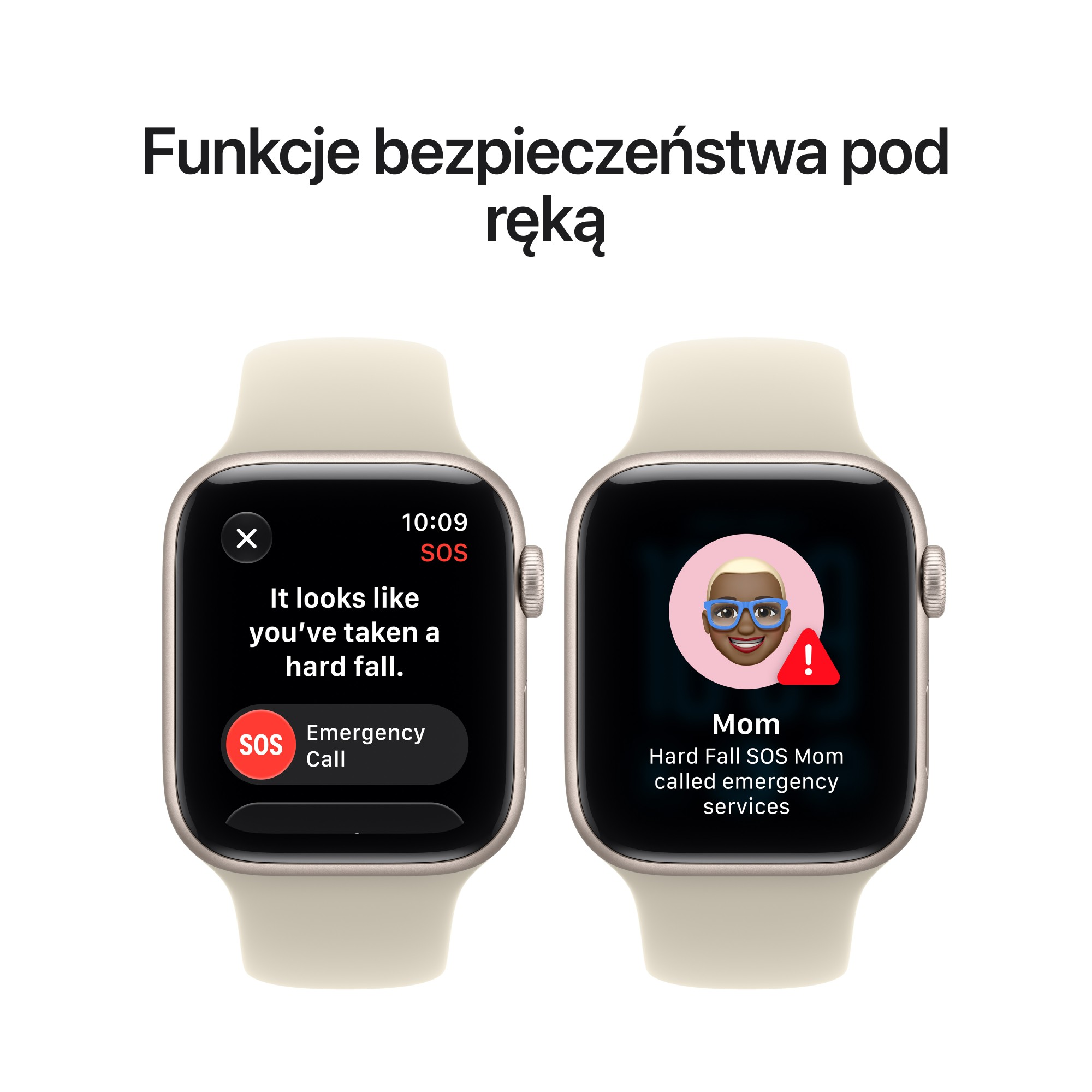 Dwa smartwatche wyświetlają funkcje bezpieczeństwa z alertami o upadku i opcjami połączeń alarmowych.