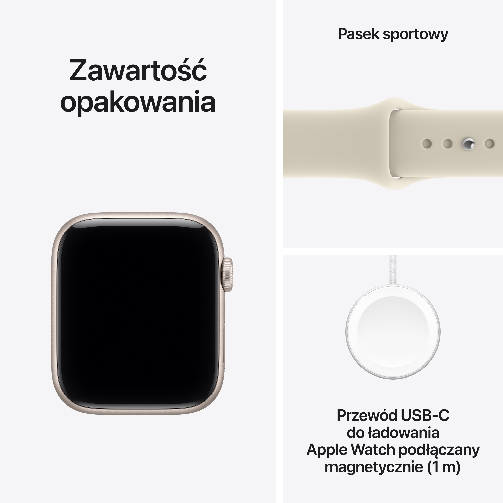 Zawartość opakowania: Apple Watch, pasek sportowy oraz magnetyczny przewód USB-C do ładowania (1 m).