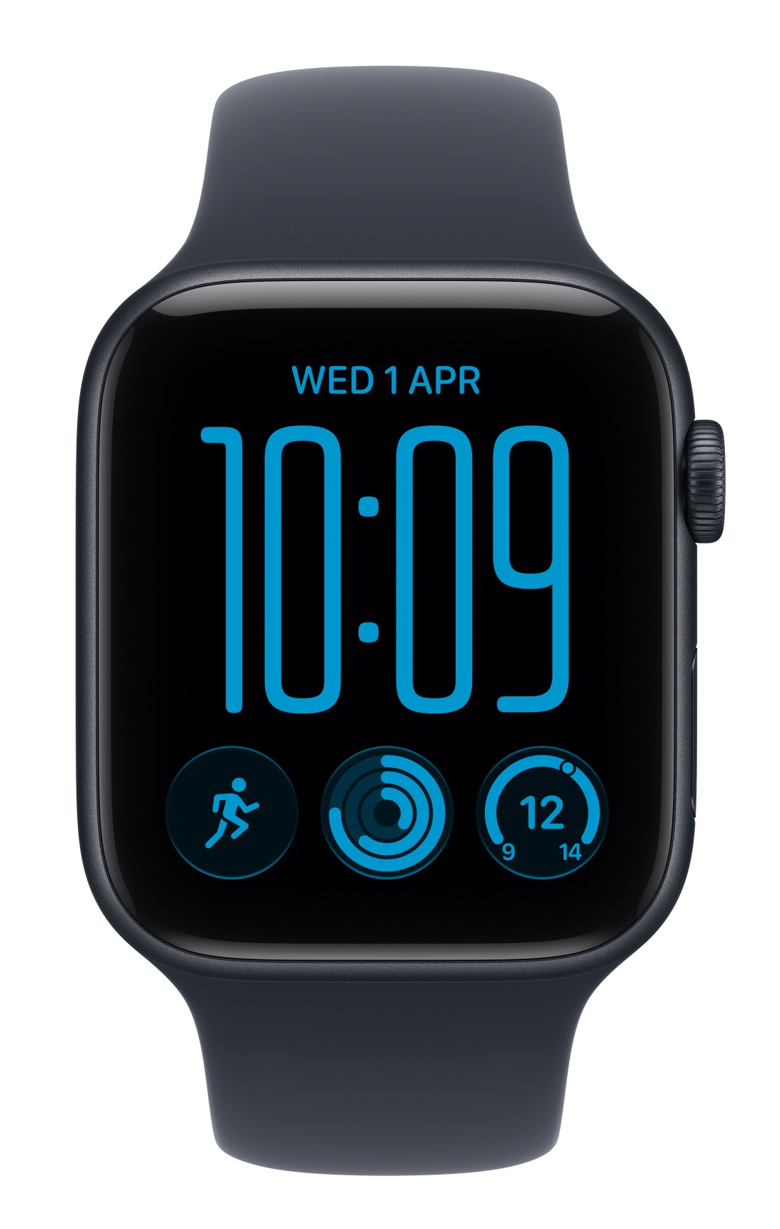 Czarny smartwatch z niebieskim wyświetlaczem pokazującym godzinę 10:09, datę i ikony fitness.