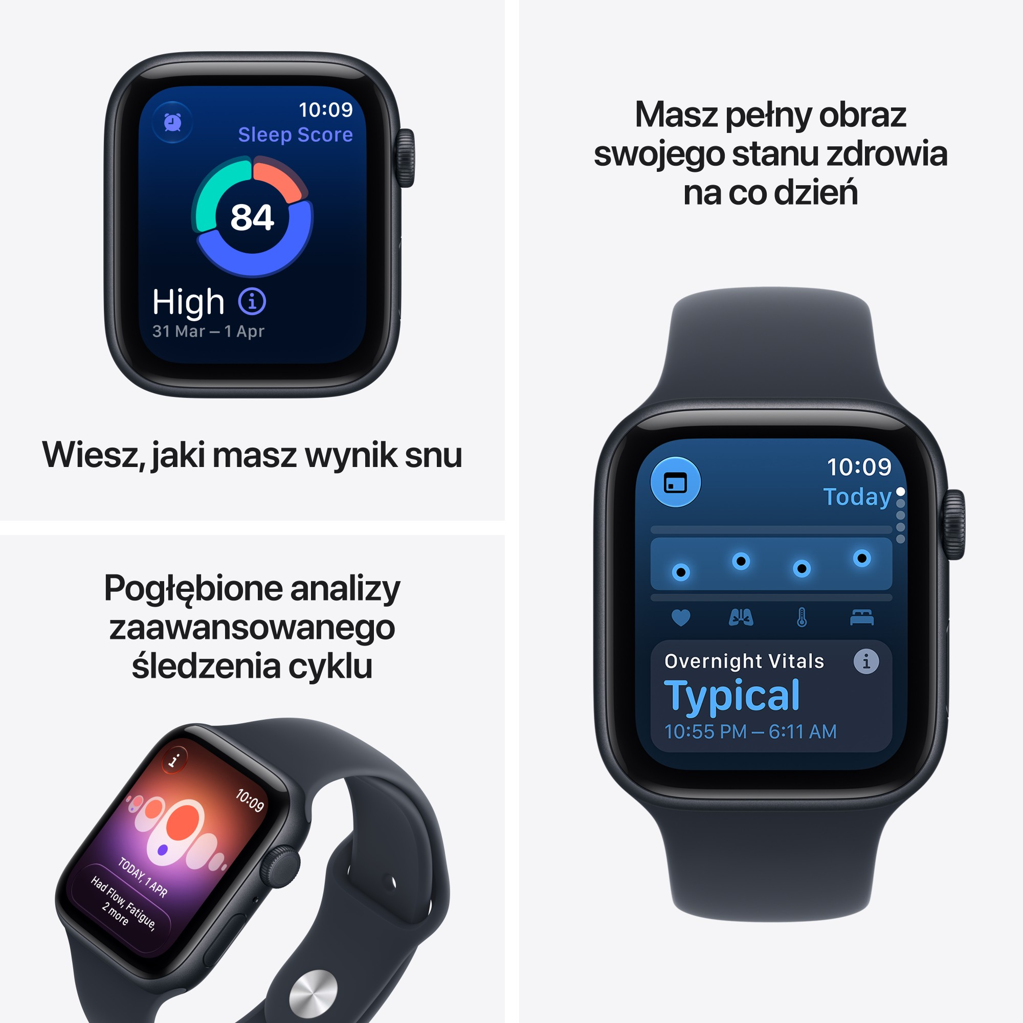 Trzy czarne smartwatchy wyświetlają dane zdrowotne, takie jak wynik snu i analiza cyklu.