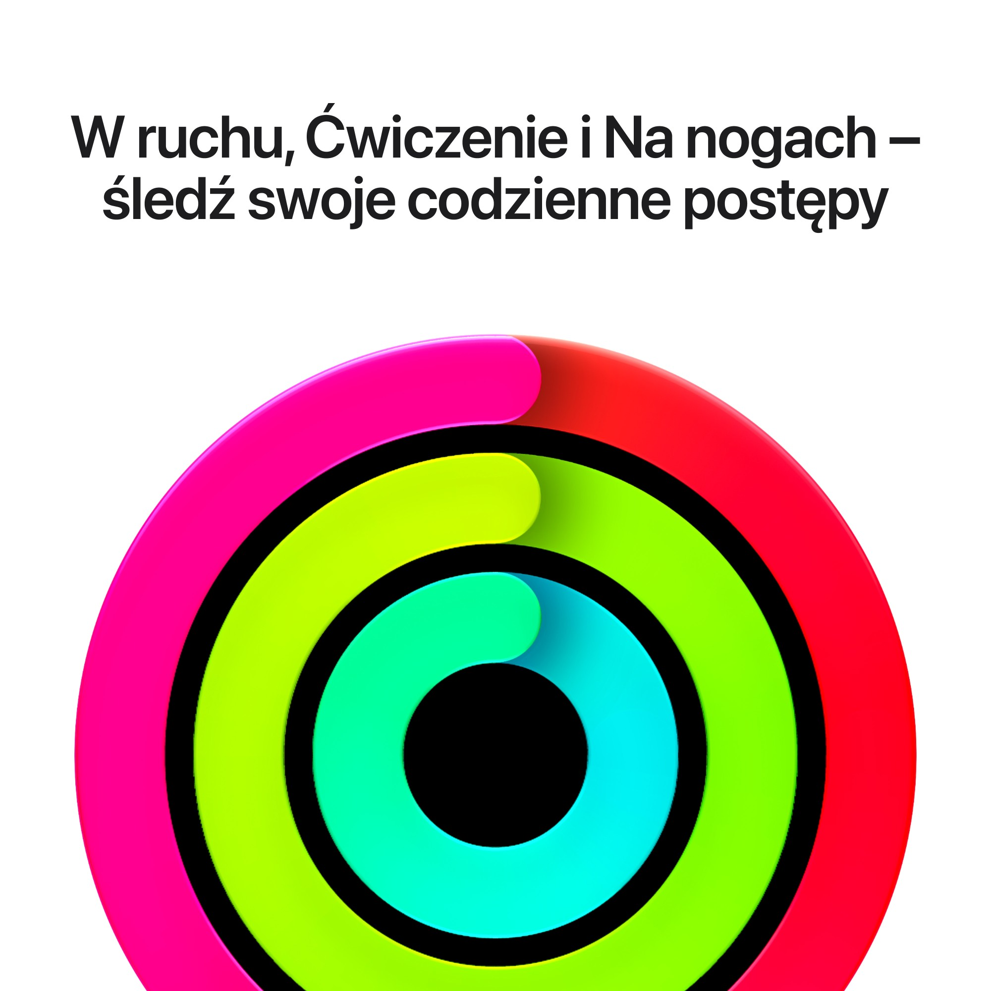 Kolorowe pierścienie aktywności Apple Watch z polskim tekstem na górze.