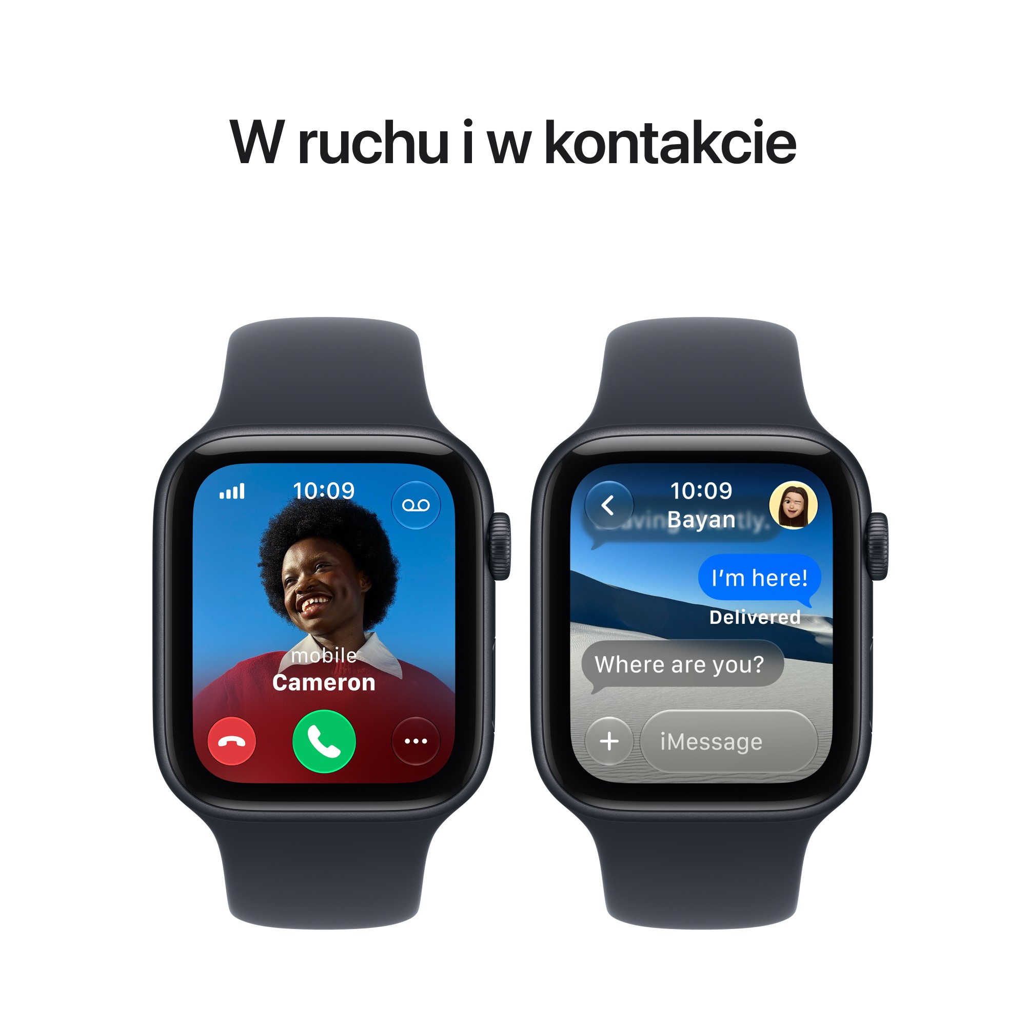 Dwa czarne smartwatche pokazujące wideorozmowę i wiadomość tekstową pod napisem 'W ruchu i w kontakcie'.