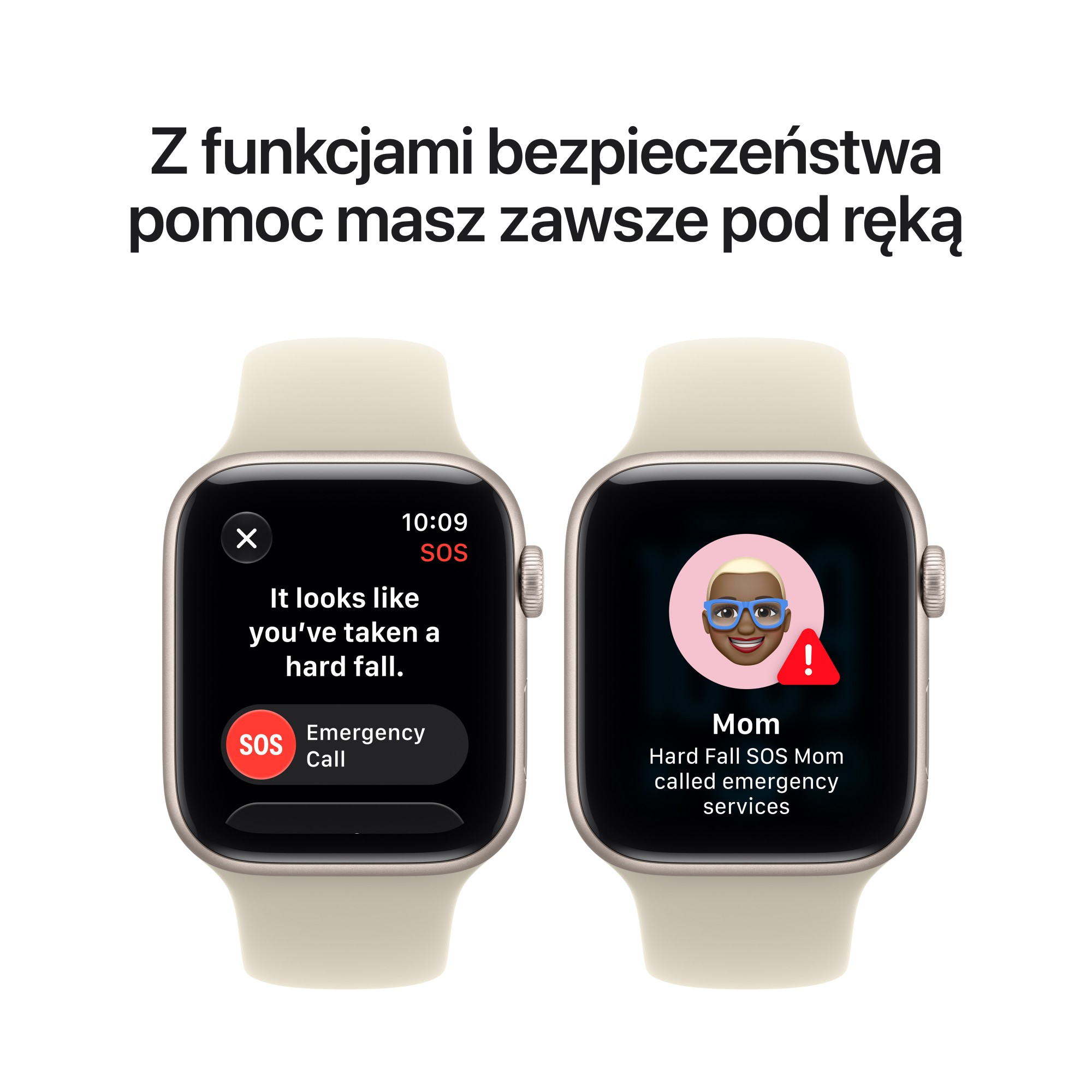 Dwa smartwatche wyświetlają funkcje bezpieczeństwa z połączeniem alarmowym.