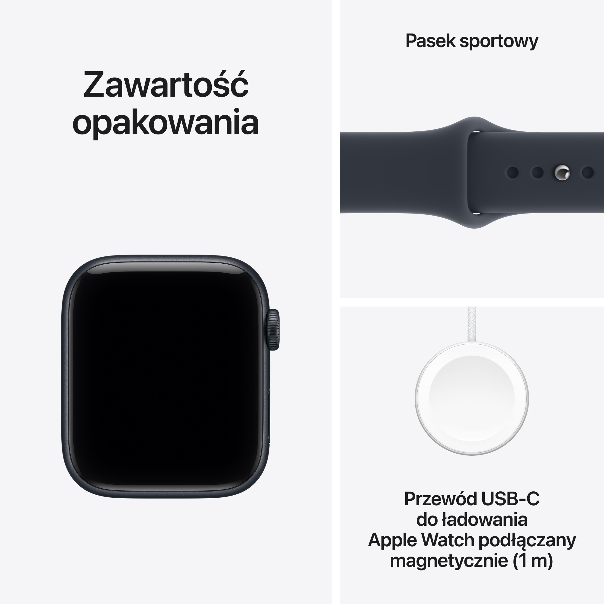 Zawartość pudełka Apple Watch z zegarkiem, paskiem sportowym i ładowarką.