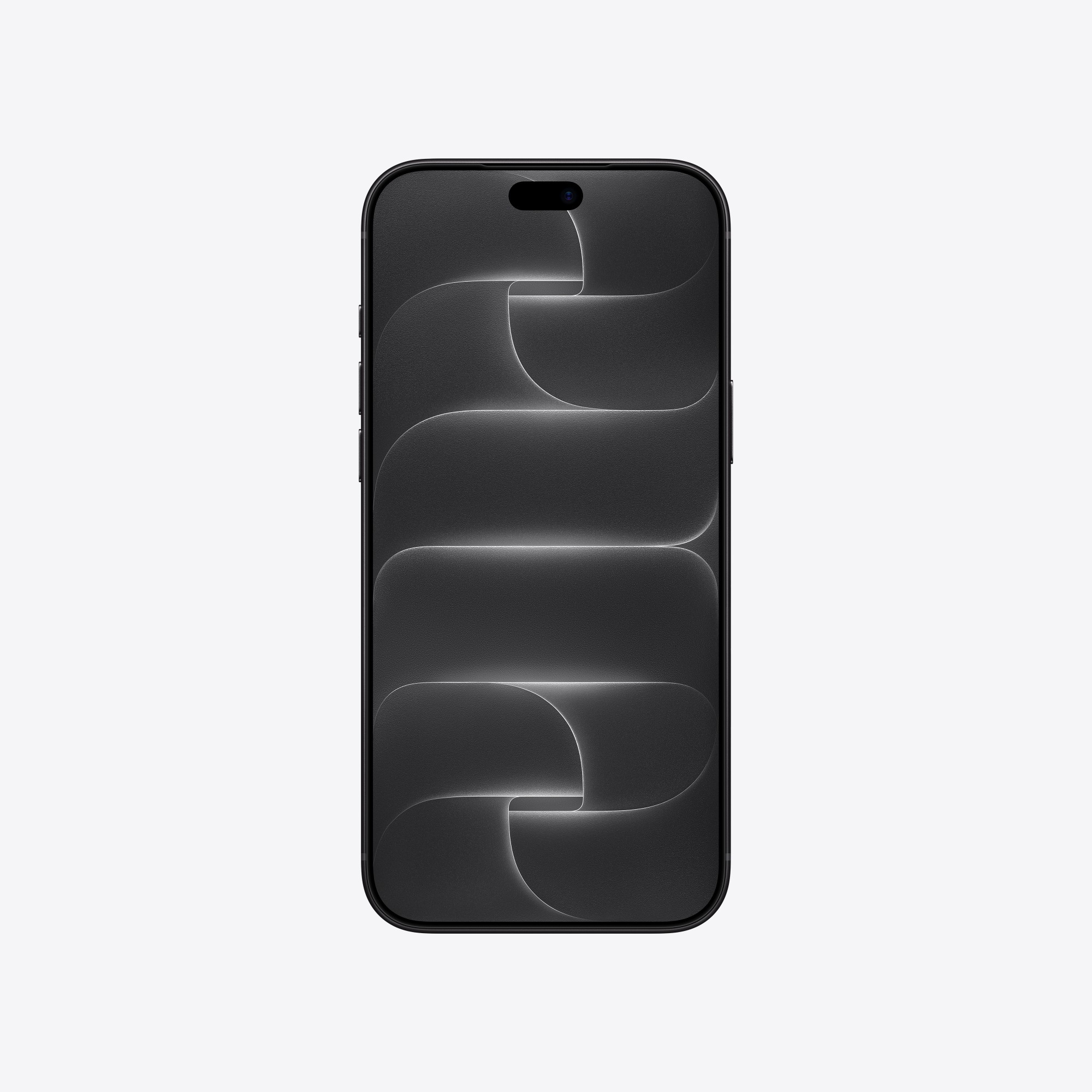 Czarny smartfon z zaokrąglonymi rogami na jasnym tle przedstawia abstrakcyjny ciemny wzór fali.