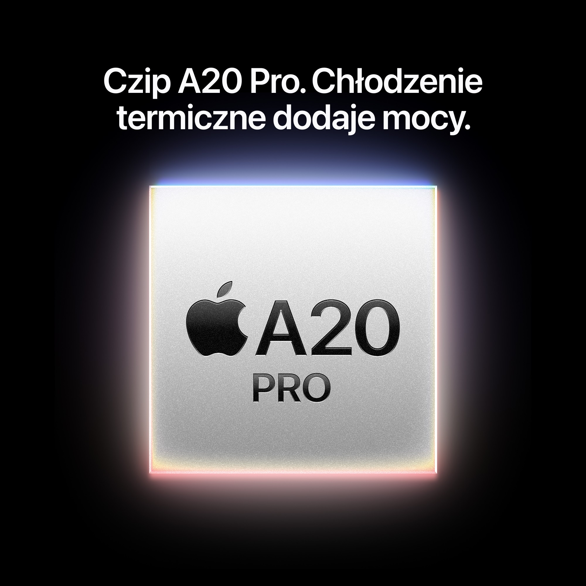 Czip A20 Pro z logo Apple na czarnym tle z białym tekstem.