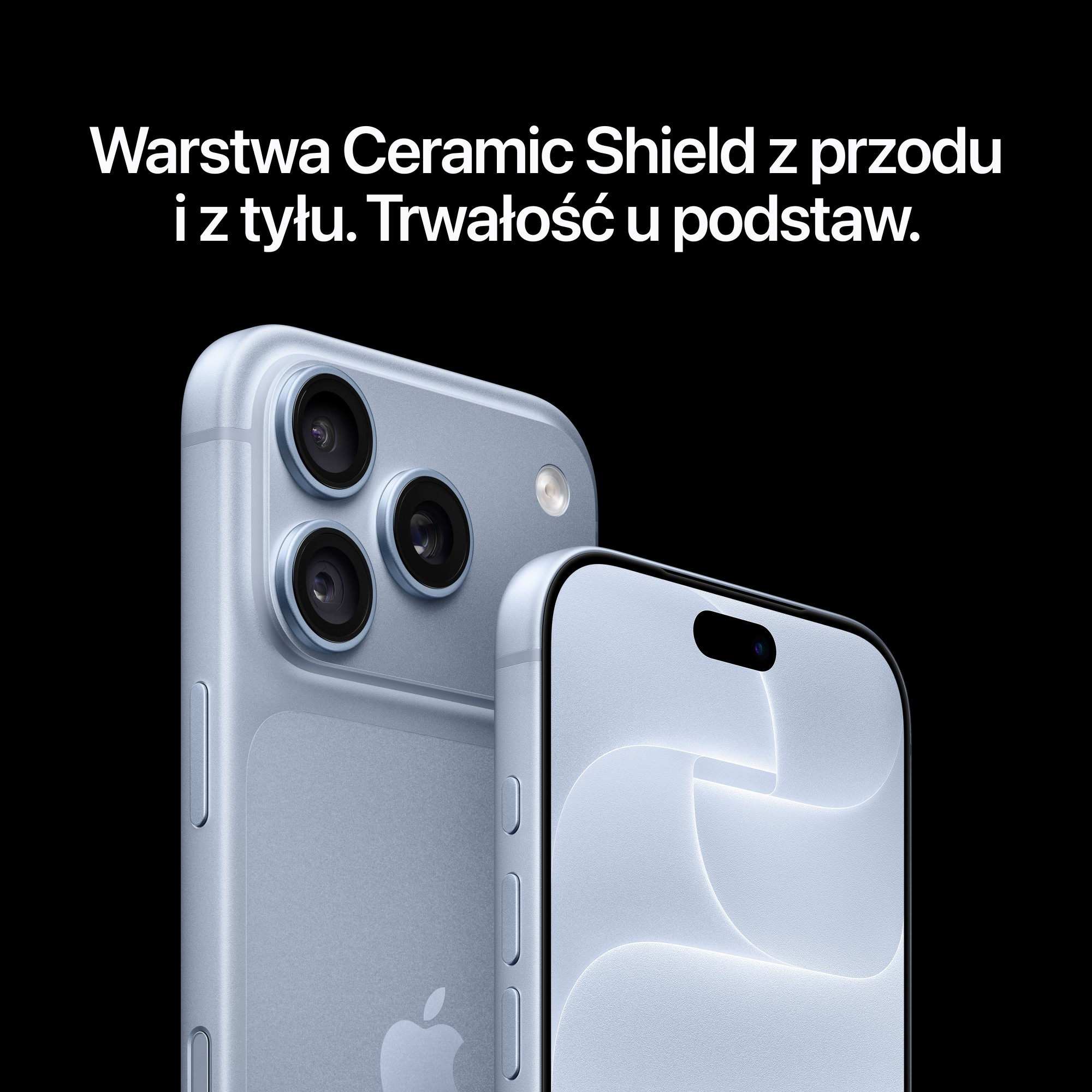 Dwa jasnoniebieskie smartfony na czarnym tle z trzema aparatami i polskim tekstem na górze.