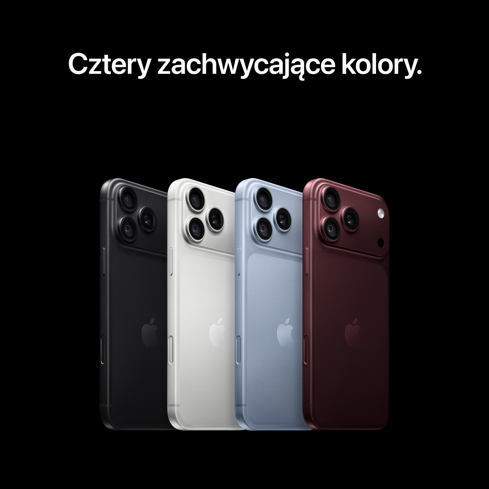 Cztery smartfony w kolorze czarnym, białym, niebieskim i bordowym ustawione są w rzędzie na czarnym tle.