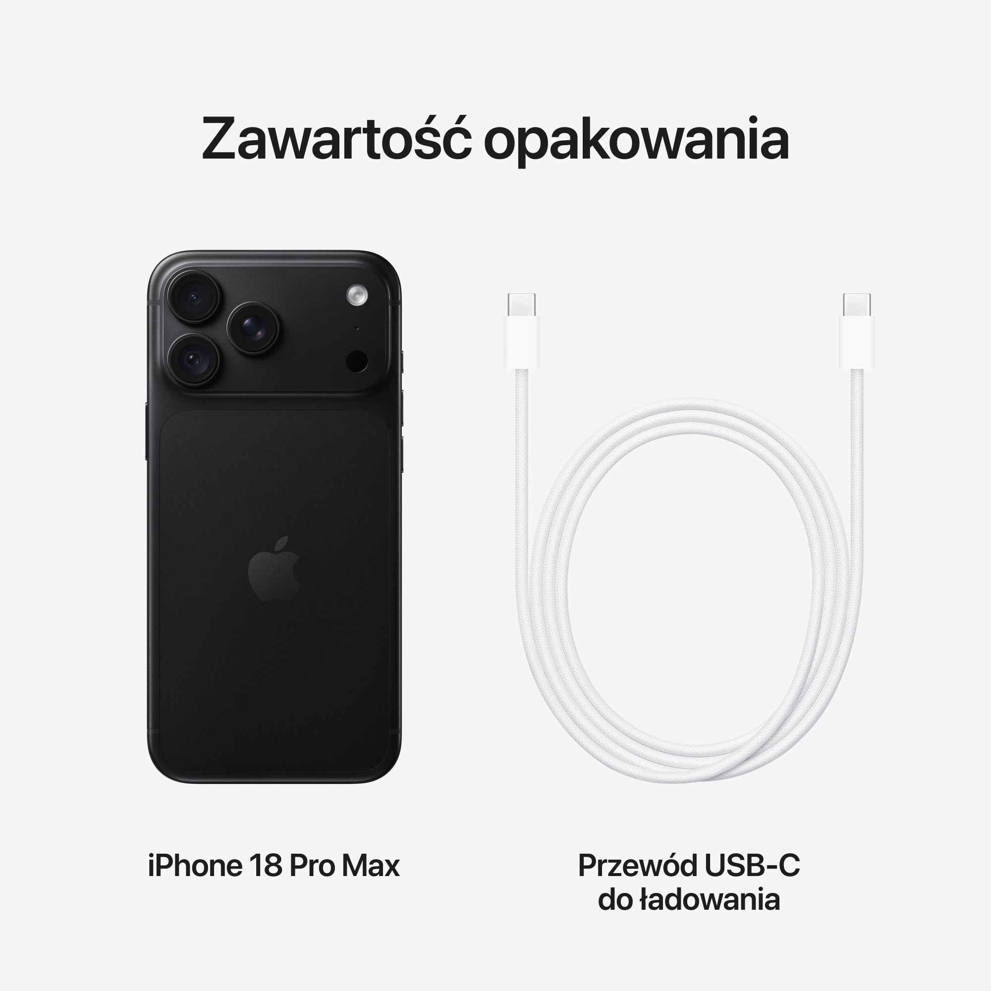 Zawartość opakowania: Czarny iPhone 18 Pro Max i biały kabel do ładowania USB-C.