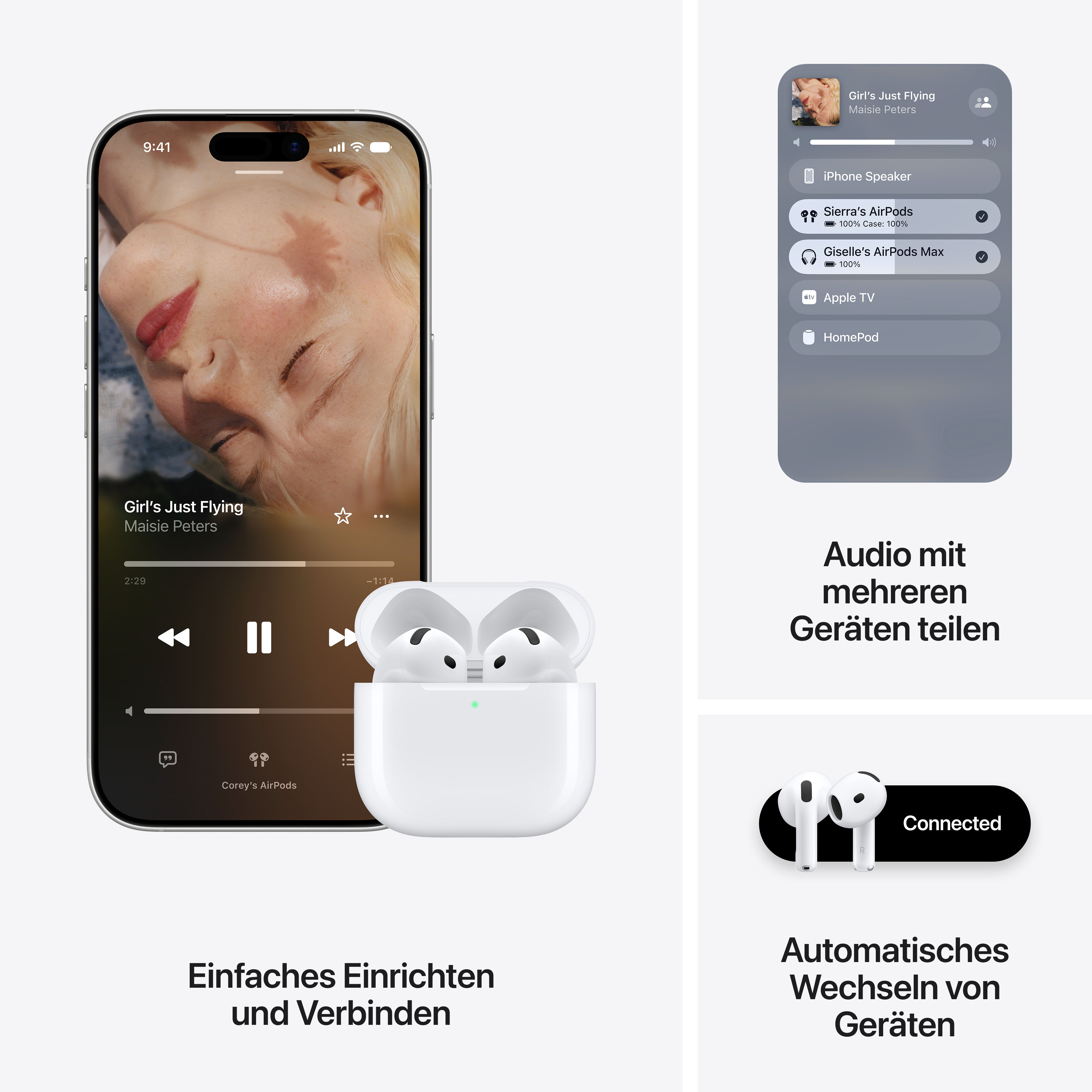 Ein iPhone zeigt die Musikwiedergabe mit AirPods im Ladecase und deutsche Textunterschriften.