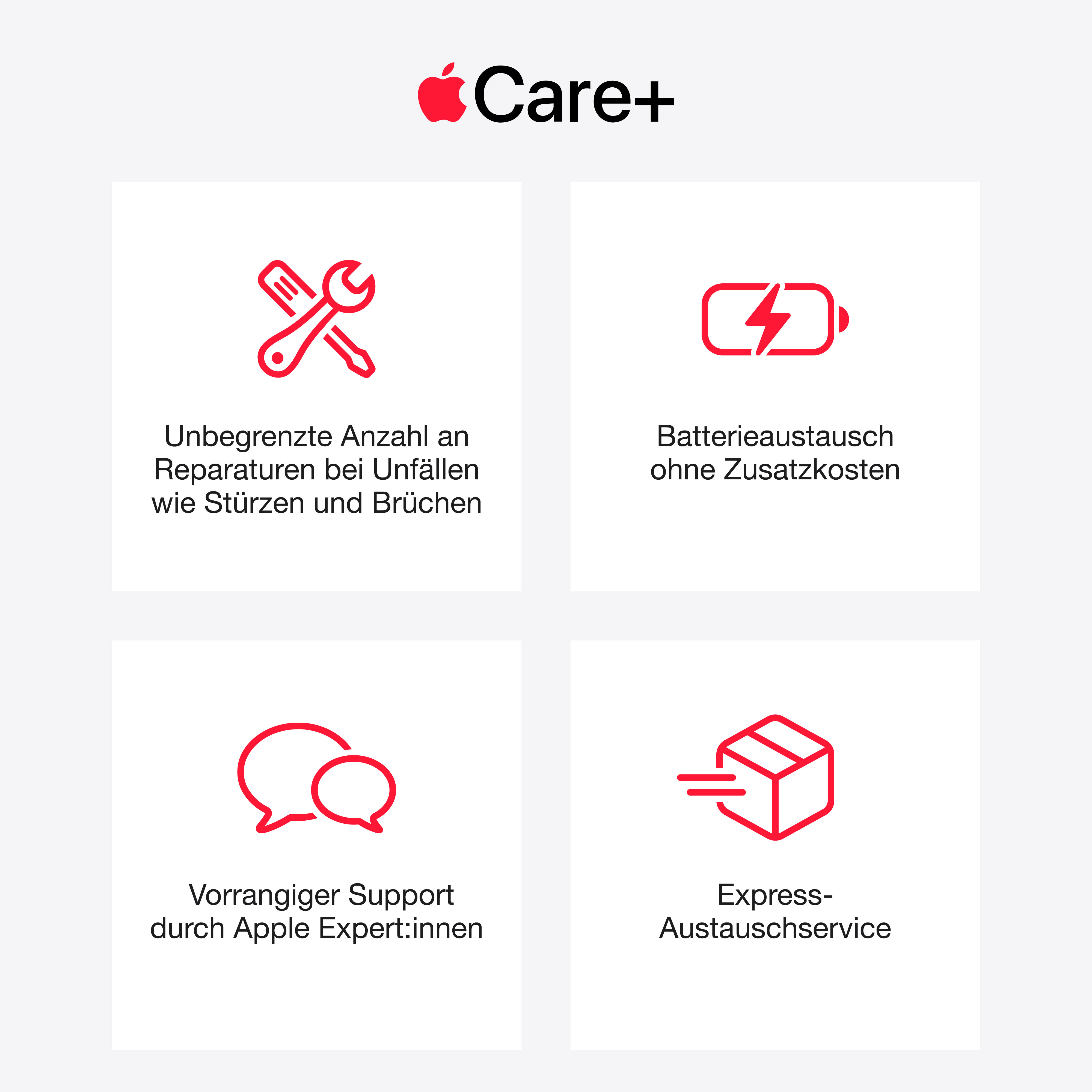 AppleCare+ Vorteile mit Symbolen für Reparatur, Batteriewechsel, Support und Express-Austausch in Rot.
