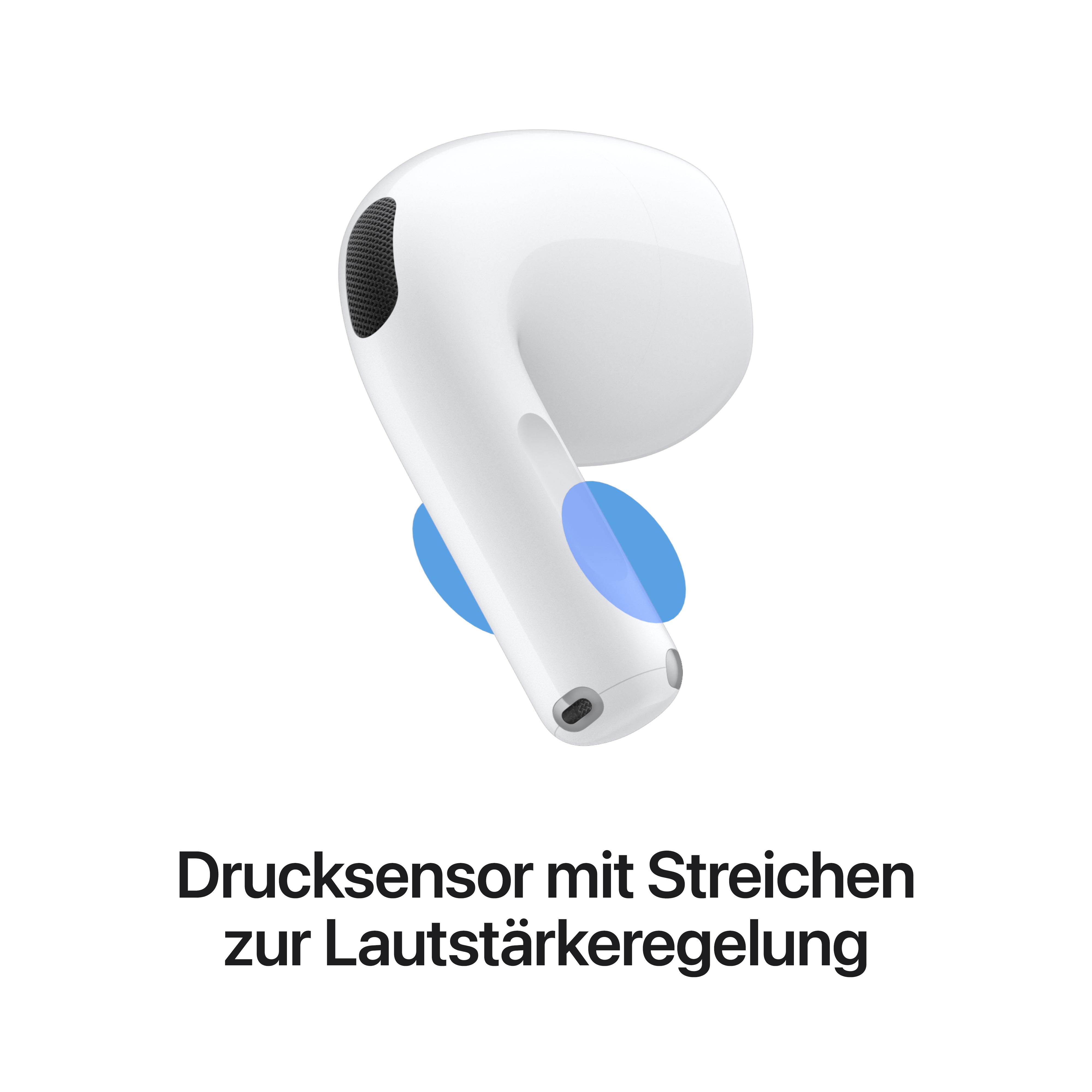 Nahaufnahme eines weißen Ohrhörers mit blauen Touch-Indikatoren zur Lautstärkeregelung auf weißem Hintergrund.