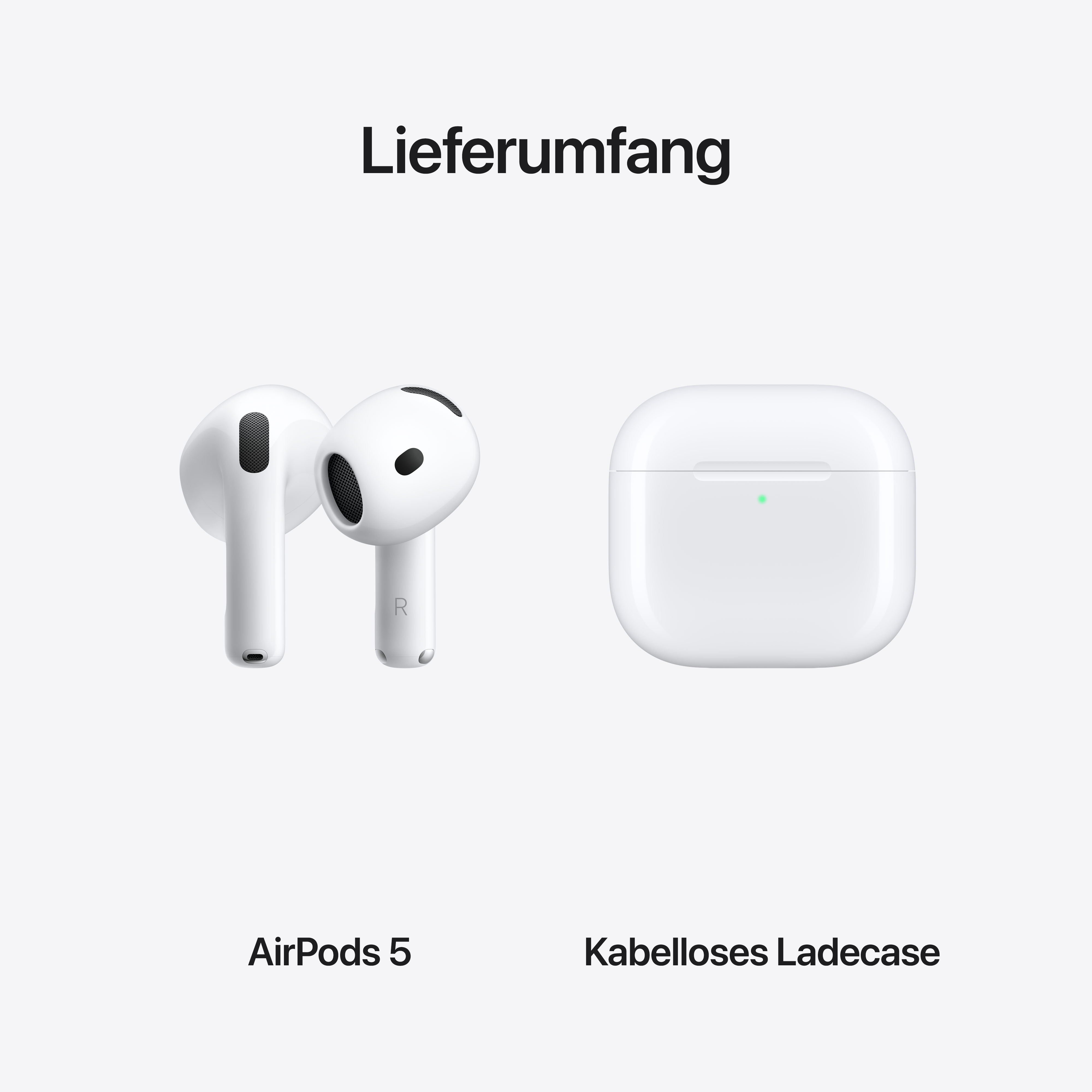 Lieferumfang: weiße AirPods 5 und ein kabelloses Ladecase vor weißem Hintergrund.