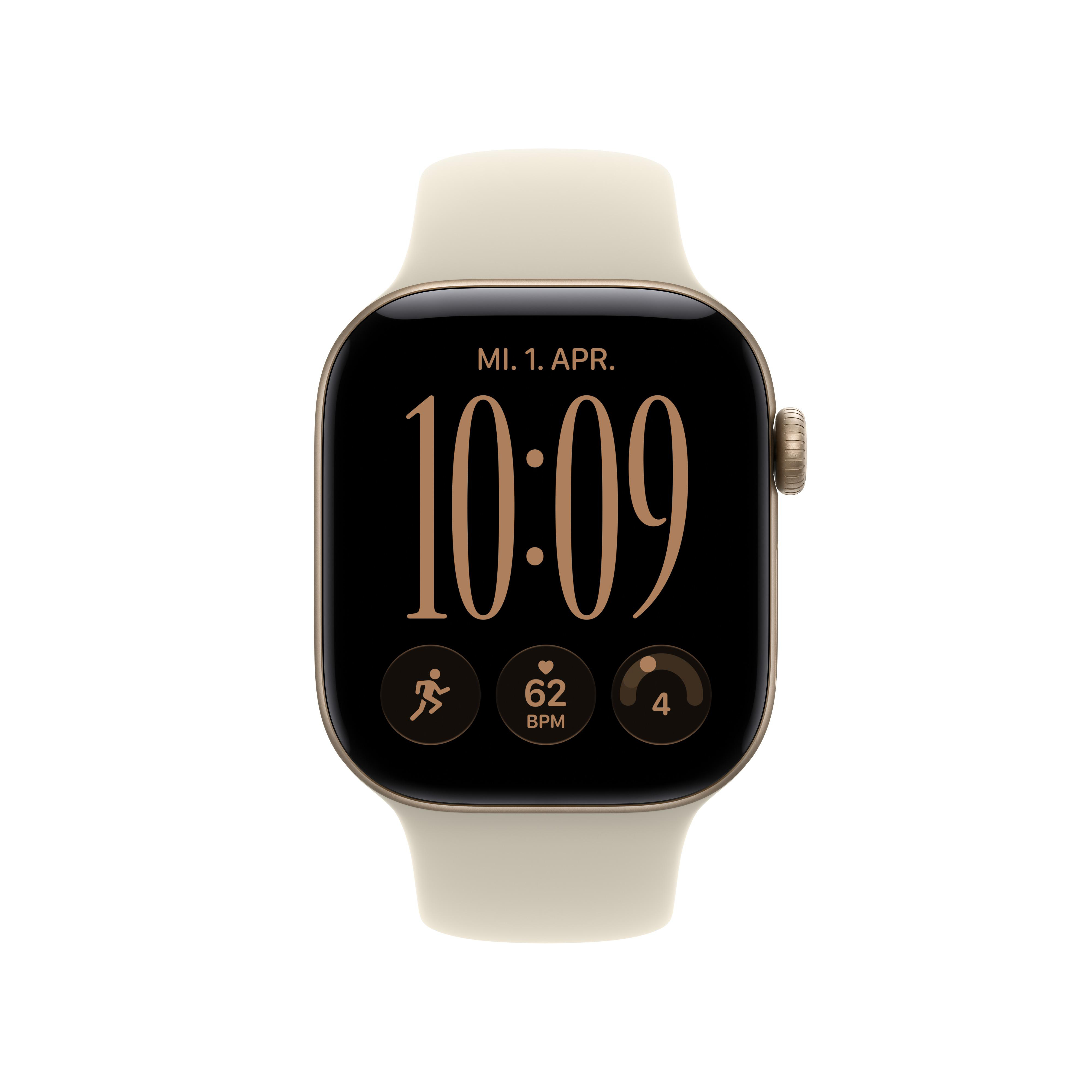 Eine beige Smartwatch mit schwarzem Bildschirm, die Uhrzeit 10:09, Datum und Fitnessdaten vor weißem Hintergrund zeigt.