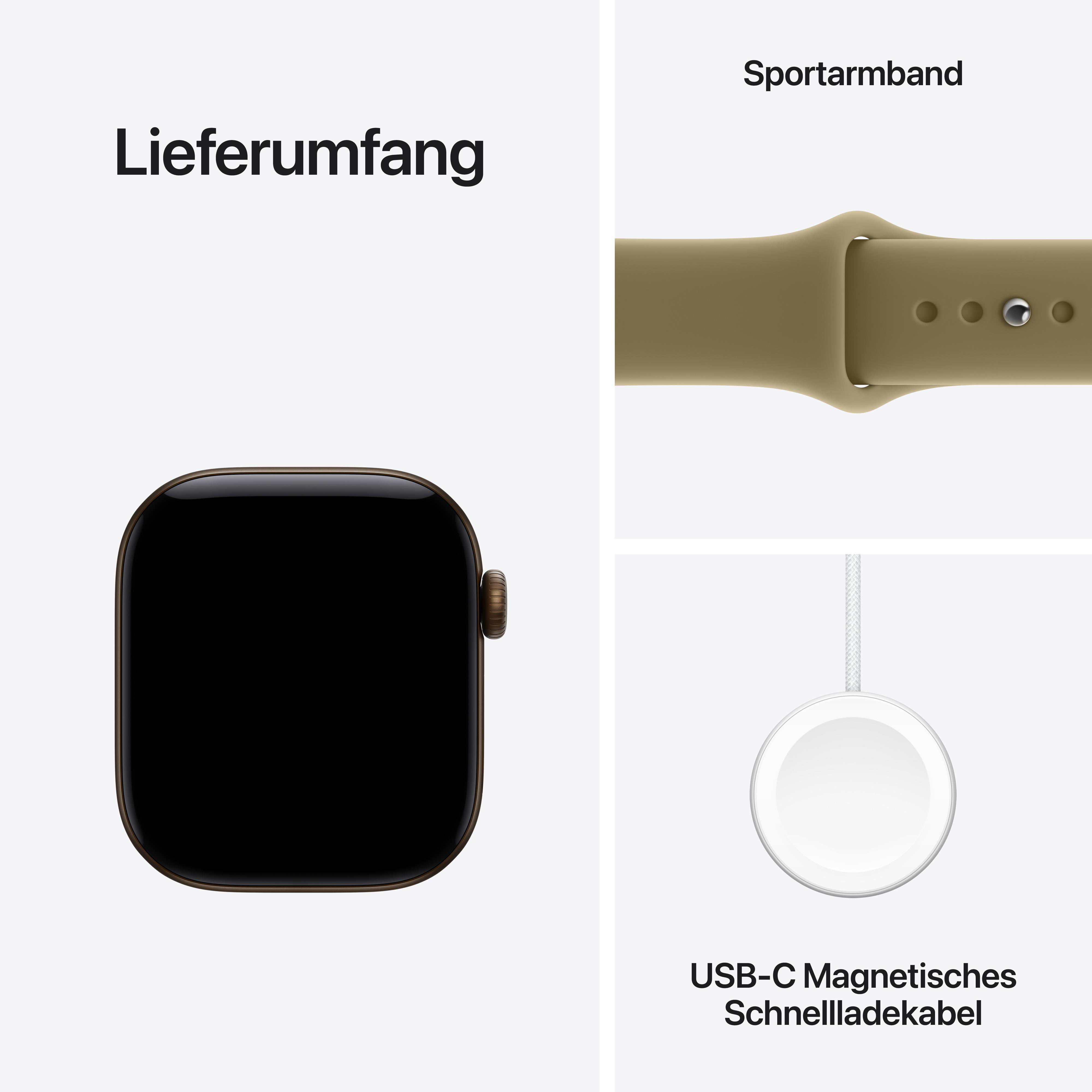 Lieferumfang mit schwarzer Smartwatch, braunem Sportarmband und weißem USB-C-Magnetischem Schnellladekabel.
