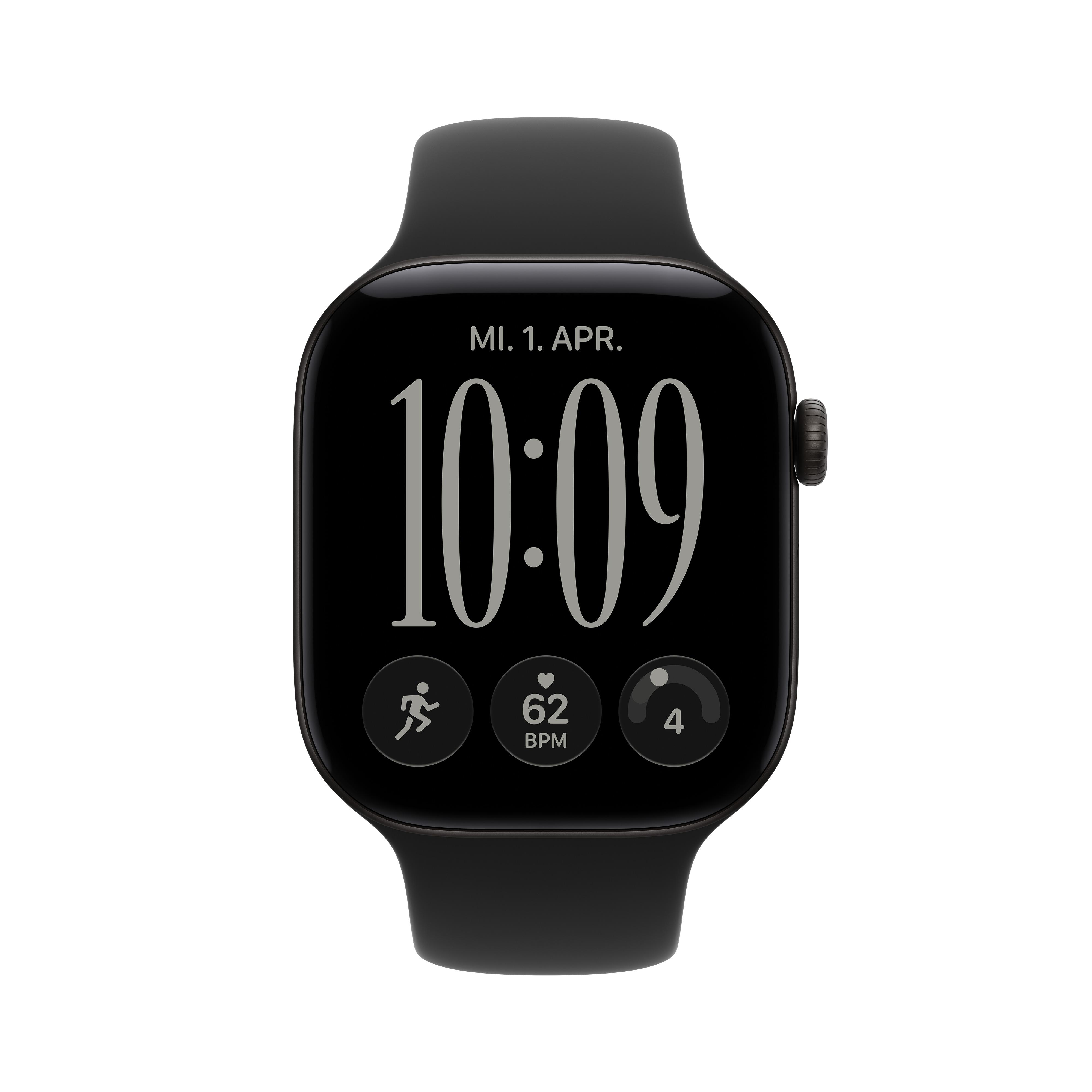 Schwarze Smartwatch mit weißem Zifferblatt, digitaler Uhrzeit 10:09, Datum und Fitness-Icons auf weißem Grund.
