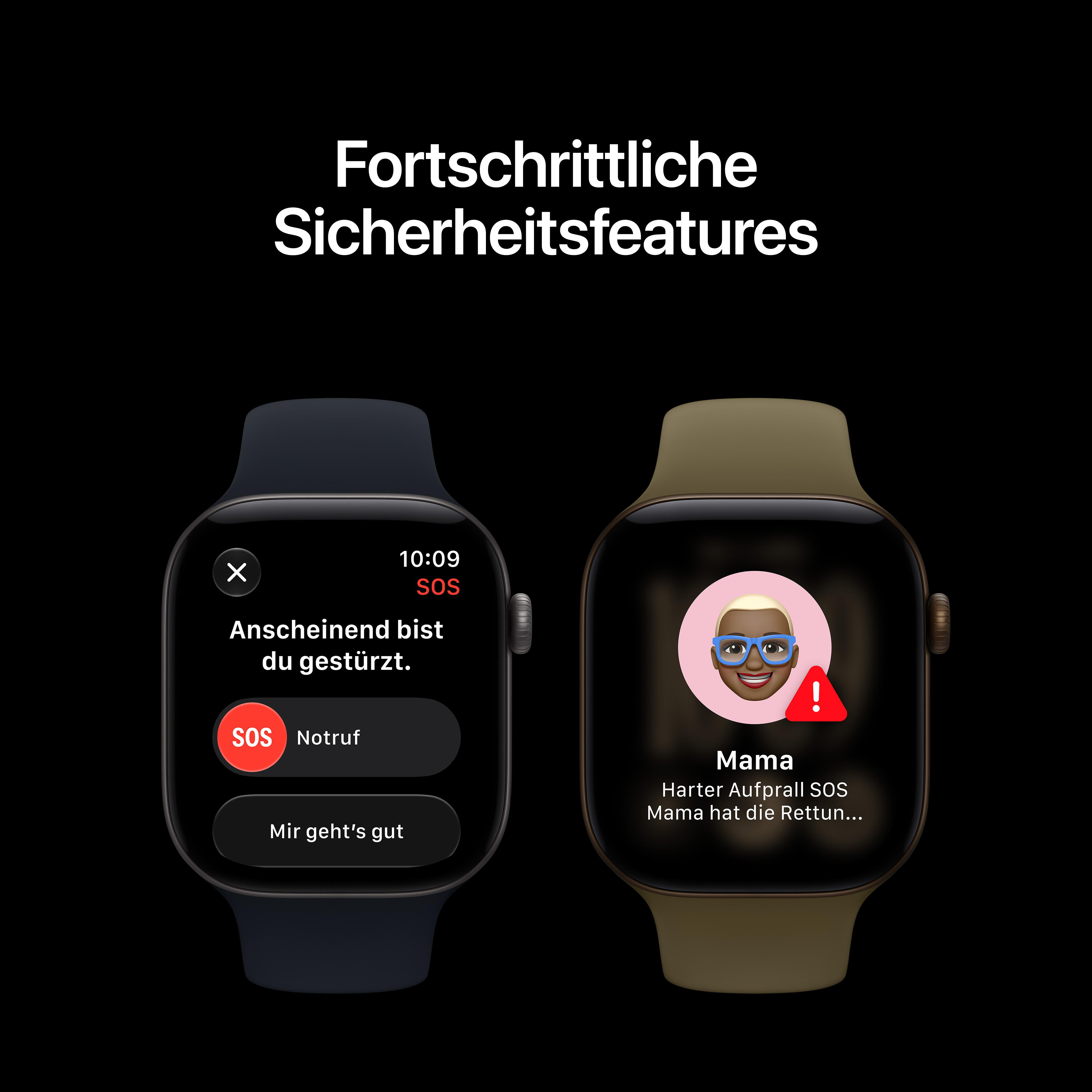 Zwei Smartwatches zeigen Notfall-Sicherheitsfunktionen wie Sturzerkennung auf schwarzem Hintergrund.