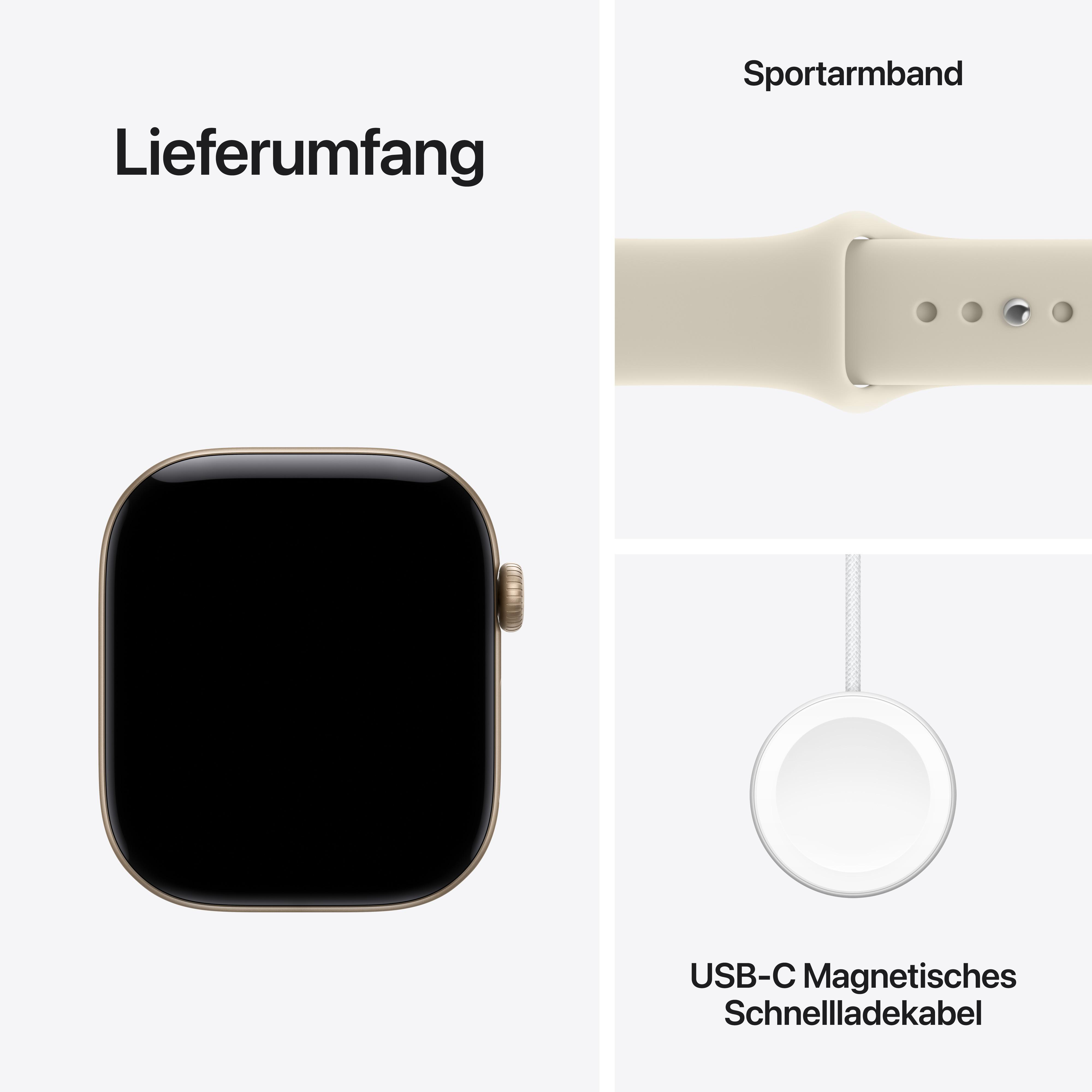 Lieferumfang: Smartwatch, Sportarmband und USB-C Magnetisches Schnellladekabel.