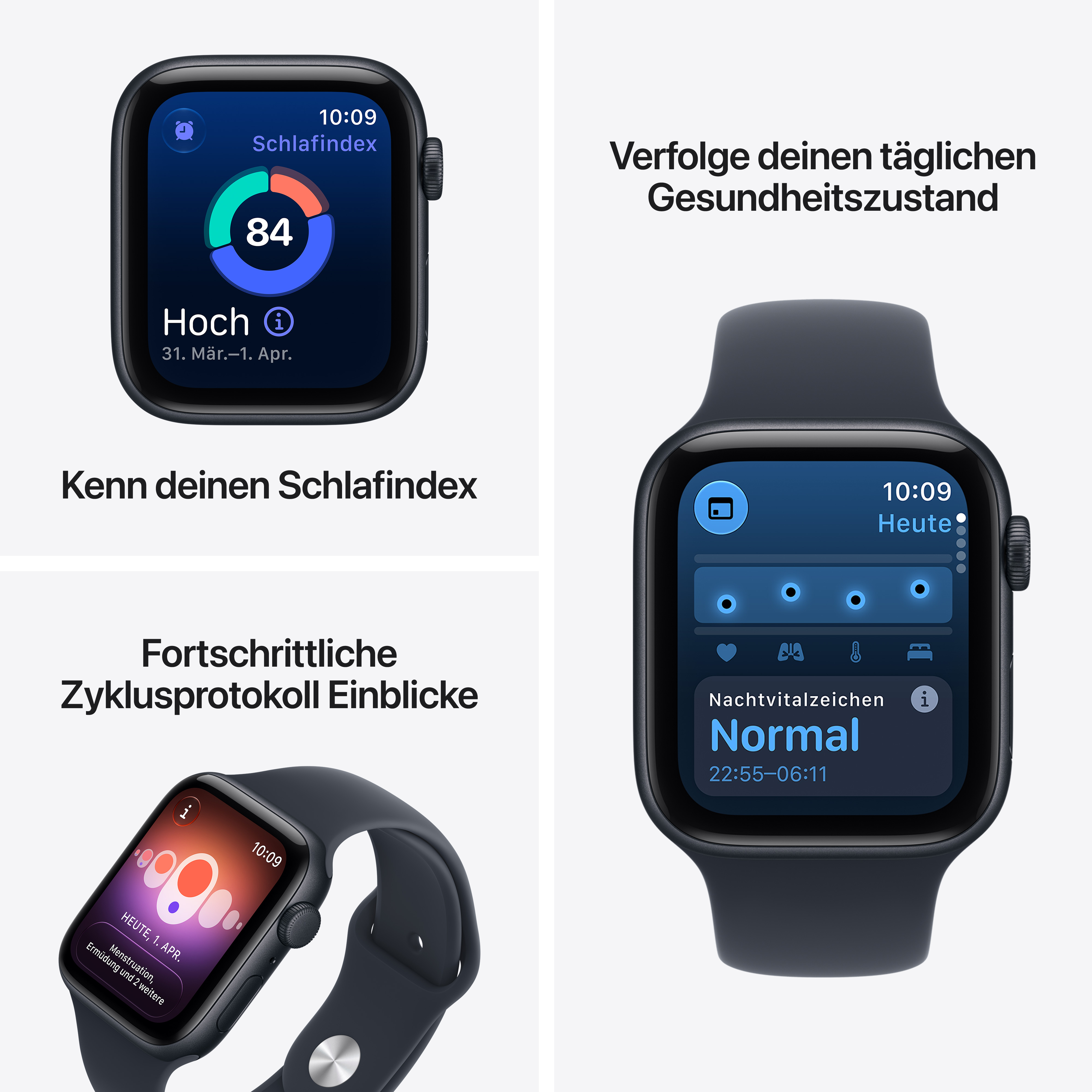 Smartwatch-Displays zeigen Gesundheitsdaten wie Schlafindex, Vitalzeichen und Zyklusprotokolle an.