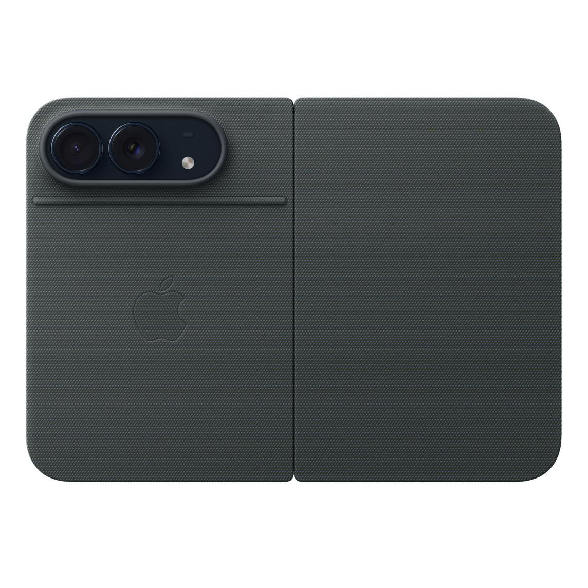 Dunkelgraue, strukturierte Falthülle mit drei Kameraöffnungen oben links und einem Apple-Logo darunter.