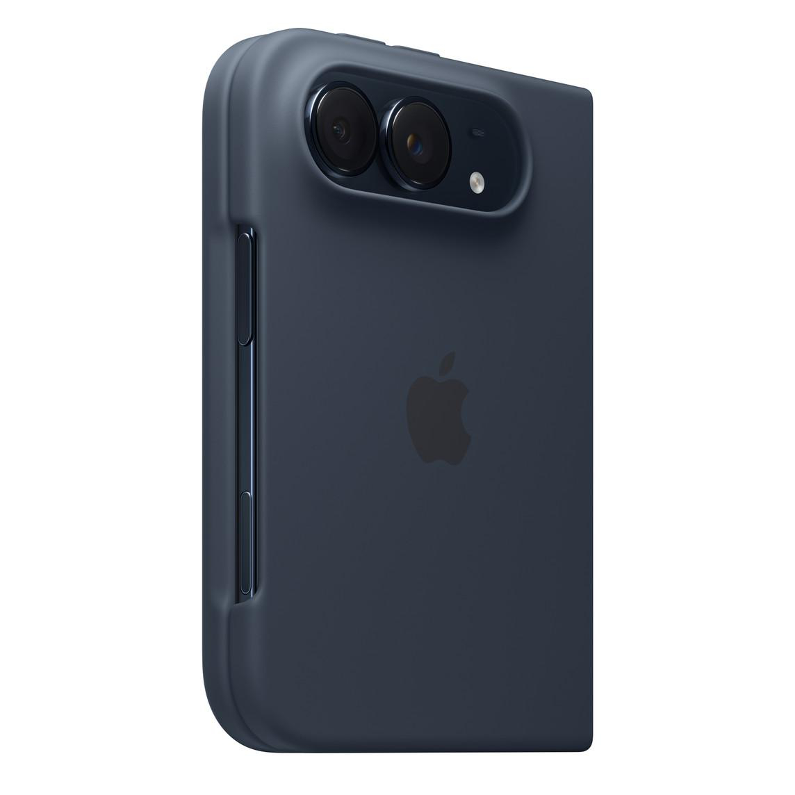 Dunkelblaue Schutzhülle für ein Smartphone mit Apple-Logo und dreifacher Kamera.