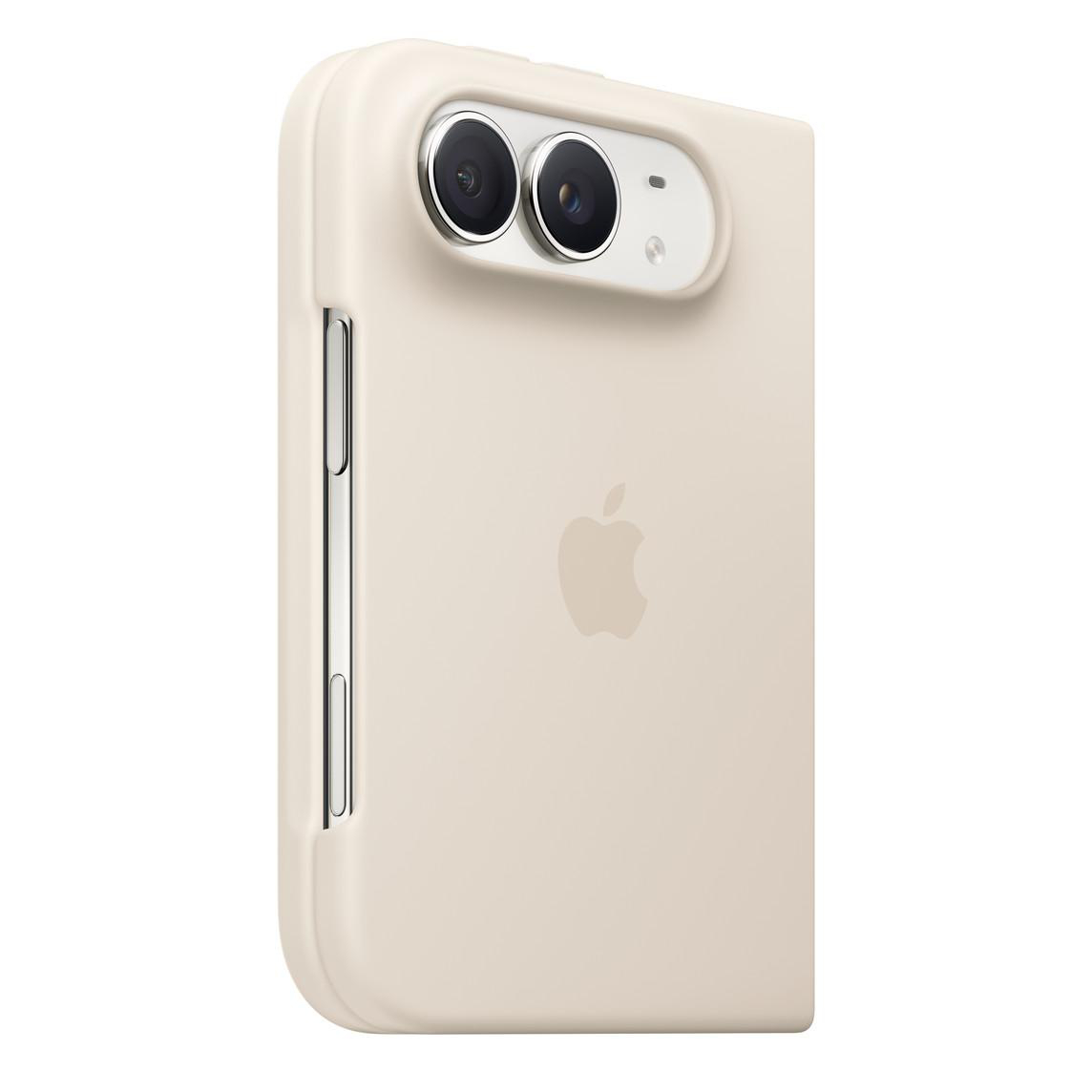 Beigefarbene iPhone-Hülle mit zwei Kameras, silbernen Seitentasten und Apple-Logo auf weißem Hintergrund.