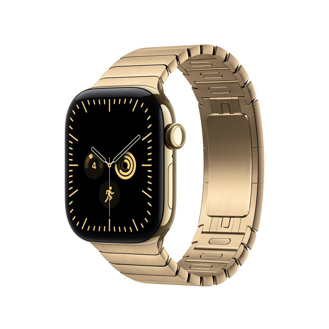 Eine goldene Smartwatch mit Metallarmband und schwarzem Display vor weißem Hintergrund.