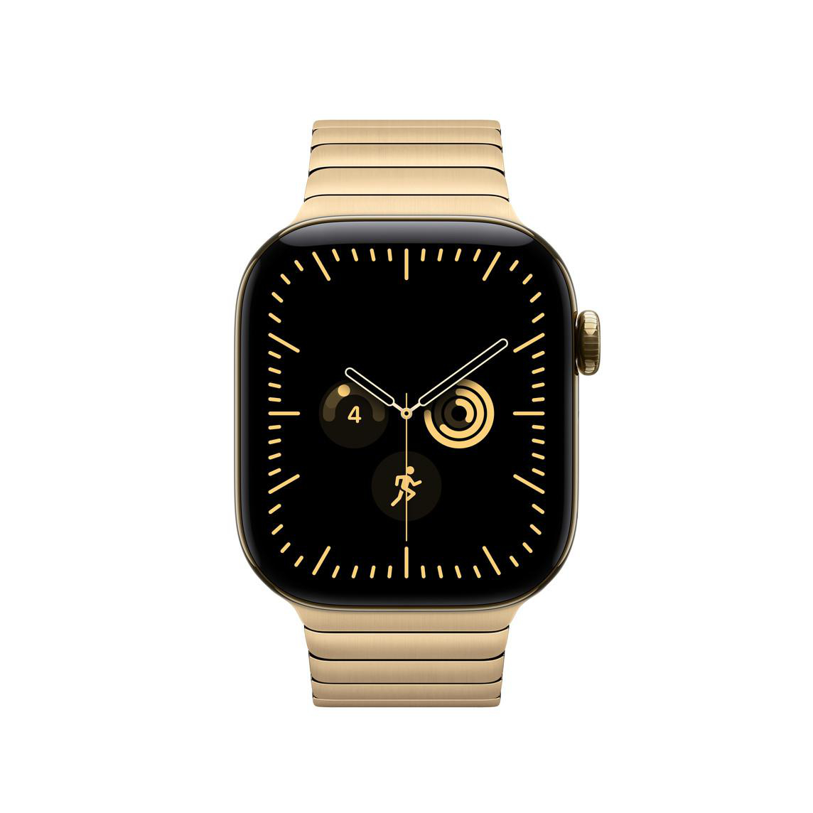 Eine goldene Smartwatch mit Metallarmband und schwarzem Zifferblatt, auf weißem Hintergrund.