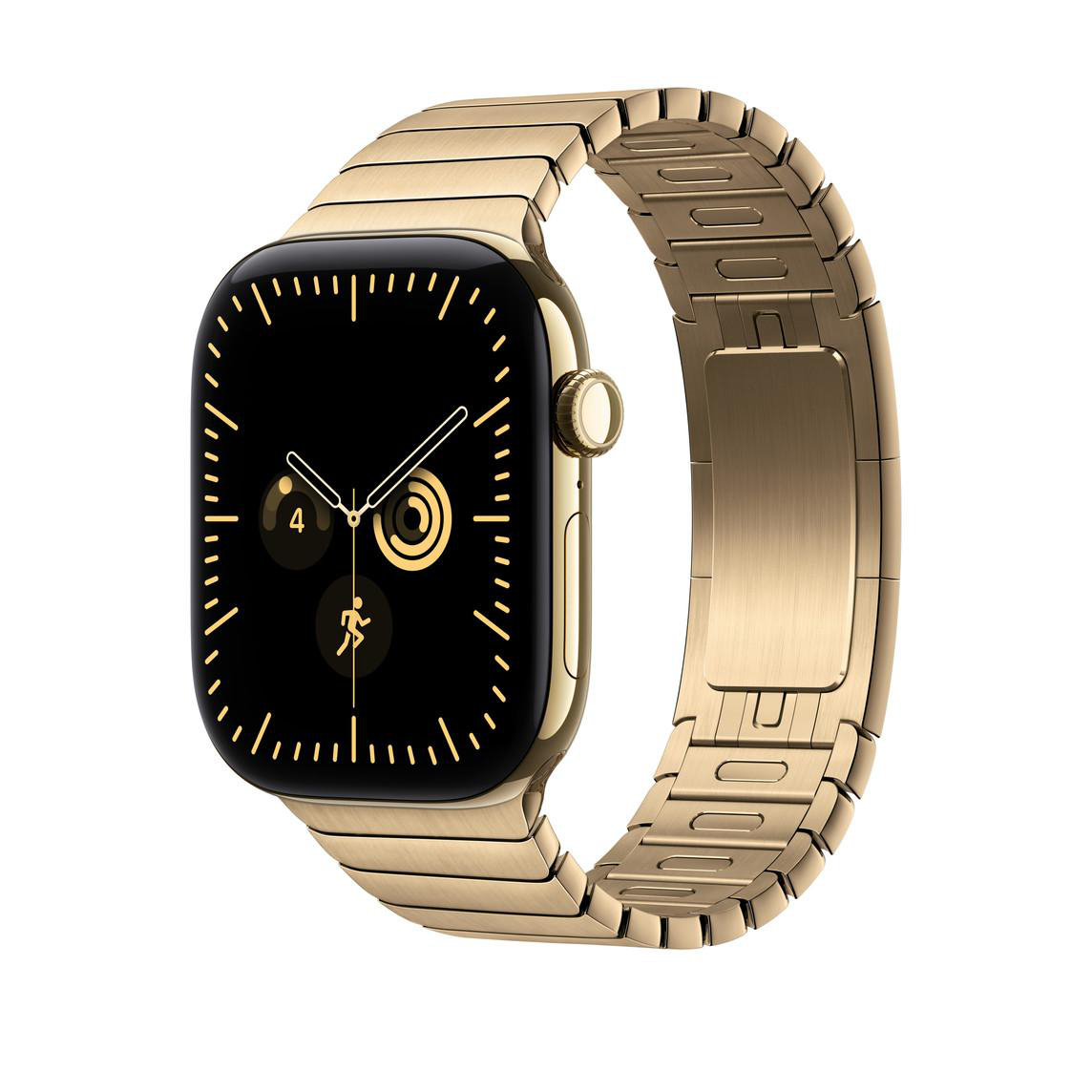 Goldene Smartwatch mit Metallarmband und schwarzem Display vor weißem Hintergrund.