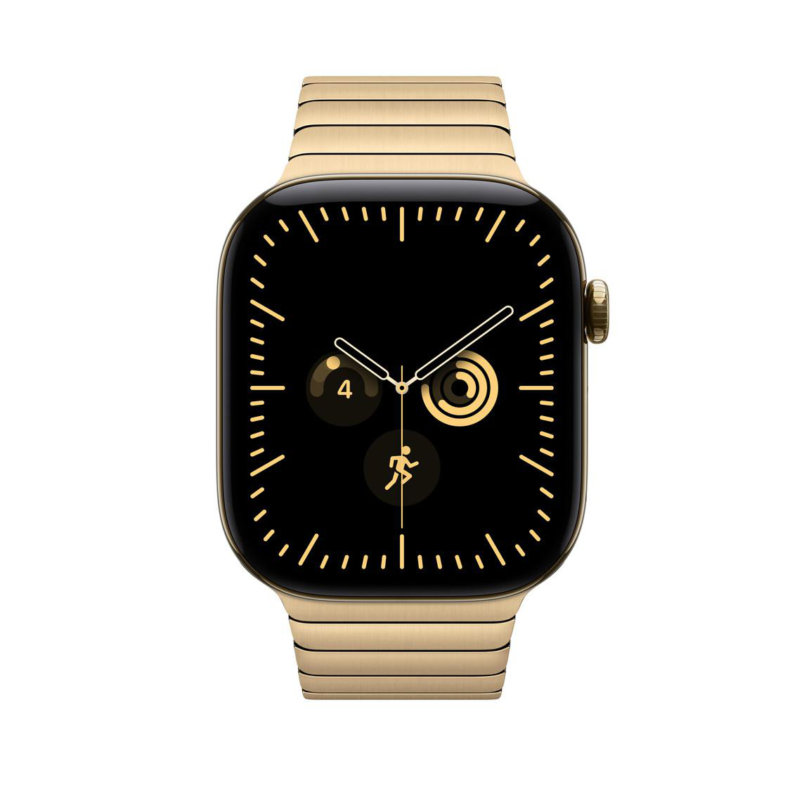 Eine goldene Smartwatch mit einem schwarzen Zifferblatt und goldenen Akzenten sowie einem goldenen Metallarmband.