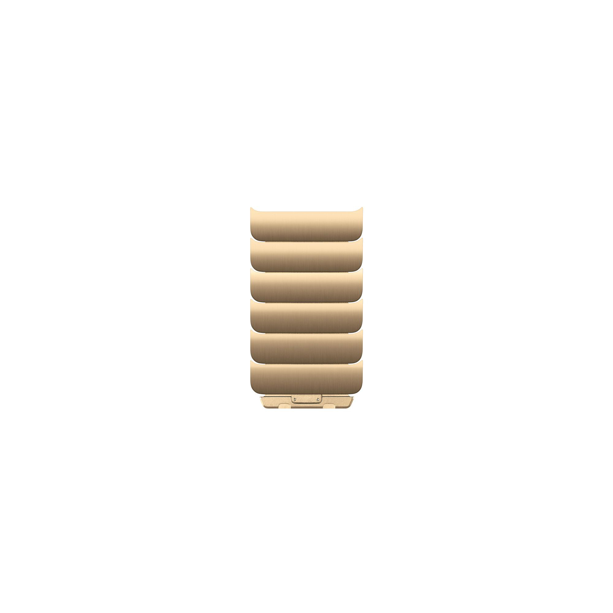 Ein goldenes Gliederarmband mit sechs Segmenten vor weißem Hintergrund.