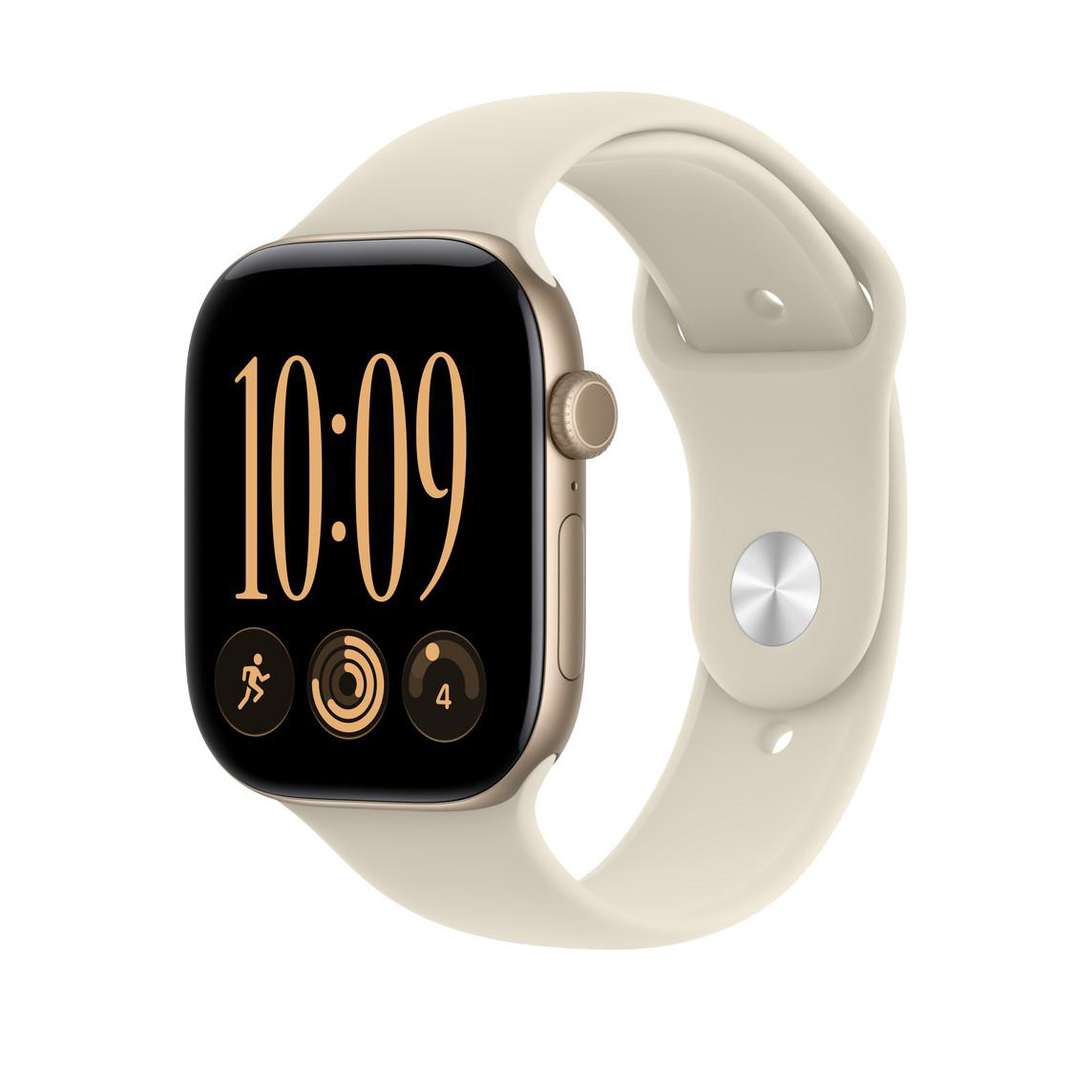 Beigefarbene Smartwatch mit digitaler Zeitanzeige und Aktivitätsringen auf dem Bildschirm vor weißem Hintergrund.