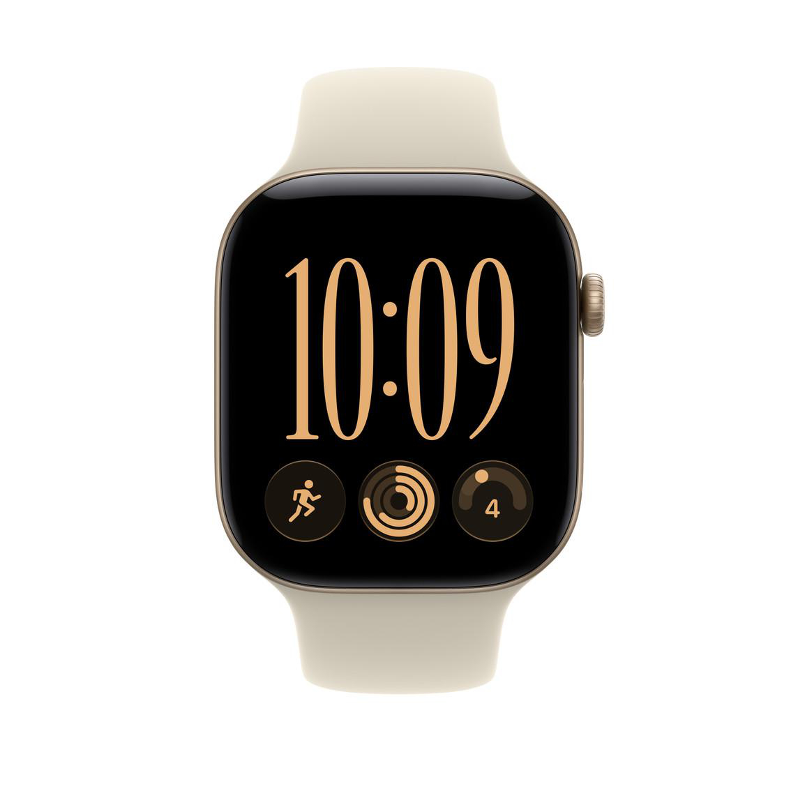 Eine beigefarbene Smartwatch zeigt auf dem schwarzen Bildschirm 10:09 und Aktivitäts-Komplikationen.