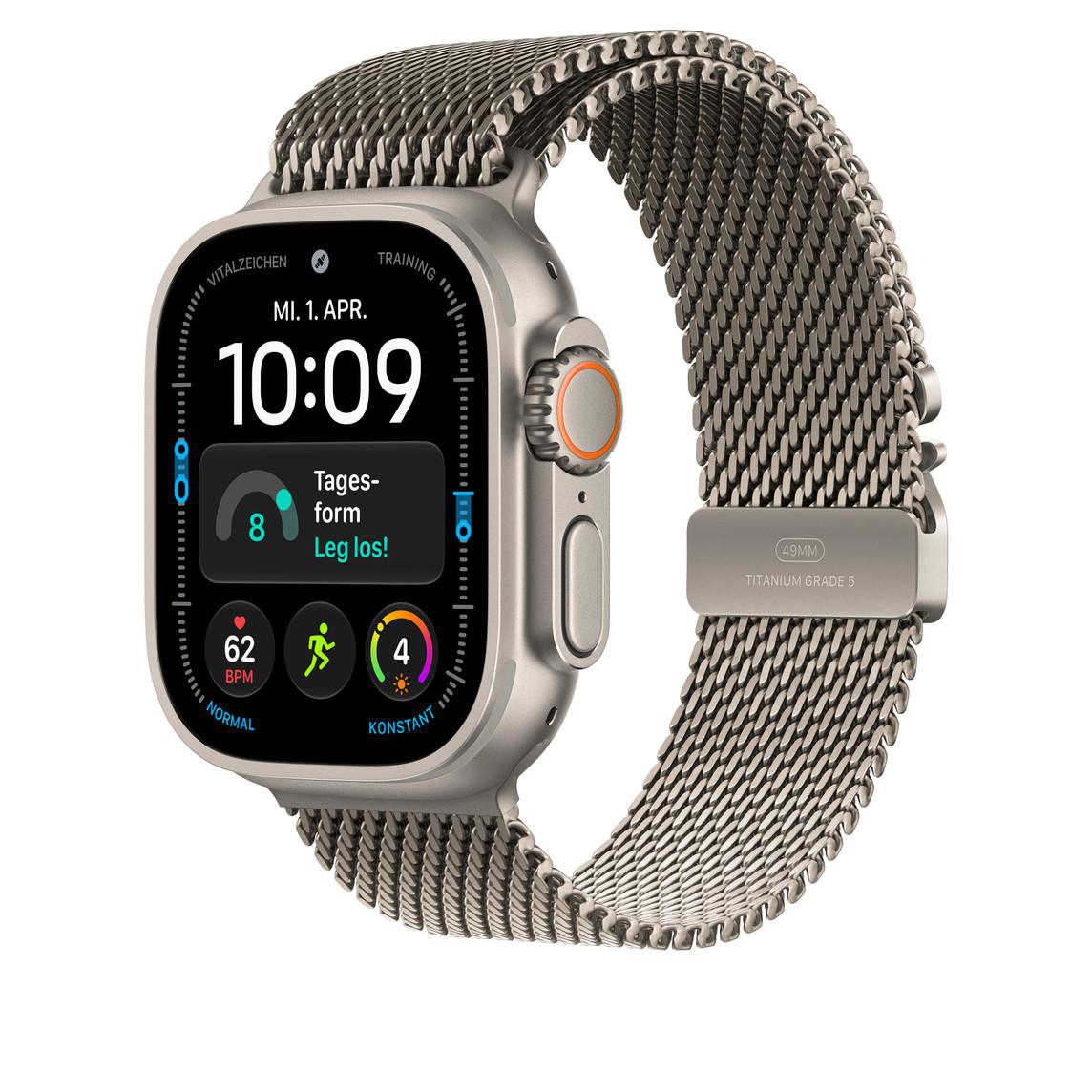 Titanfarbene Smartwatch mit Metallarmband und digitalem Zifferblatt auf weiem Hintergrund.