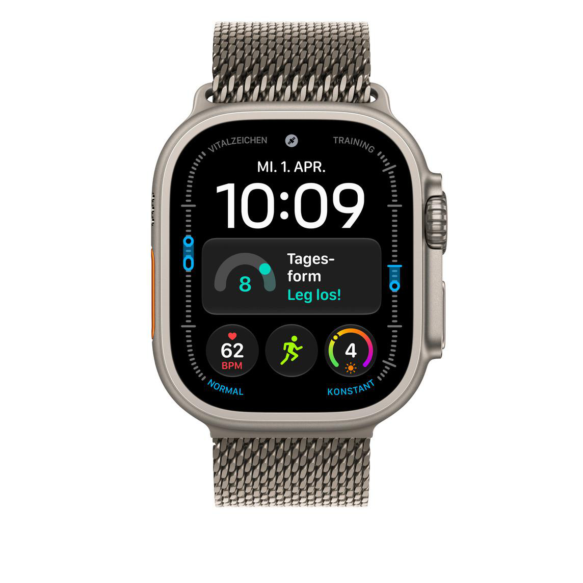 Eine Smartwatch mit Metallgehäuse und Milanaise-Armband zeigt das digitale Zifferblatt mit Uhrzeit und Aktivitätsdaten.