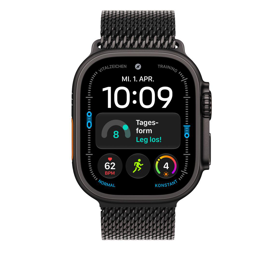 Schwarze Smartwatch mit Metallarmband zeigt digital 10:09 Uhr und Vitaldaten.