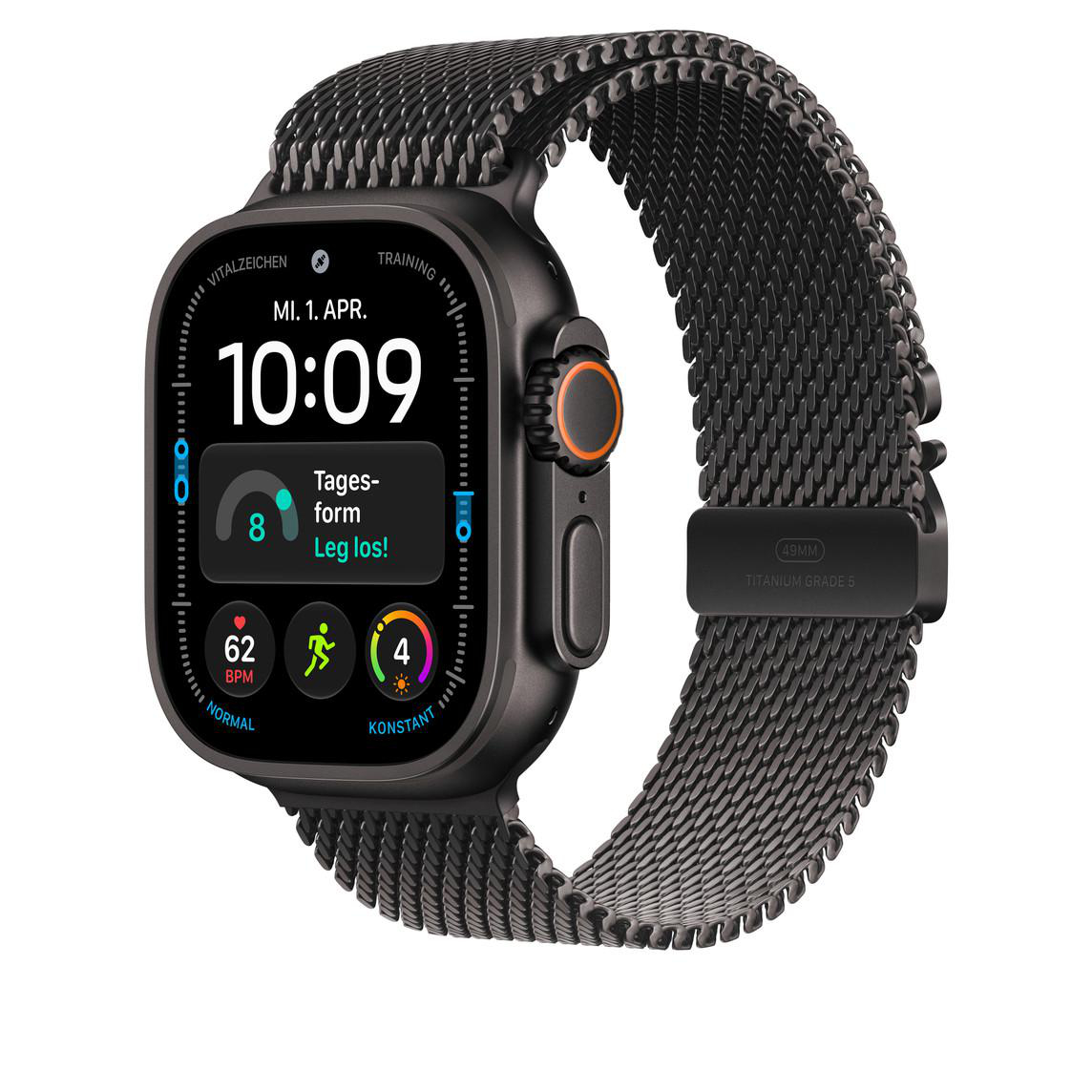 Schwarze Smartwatch mit Metallarmband und digitalem Zifferblatt auf weißem Hintergrund.