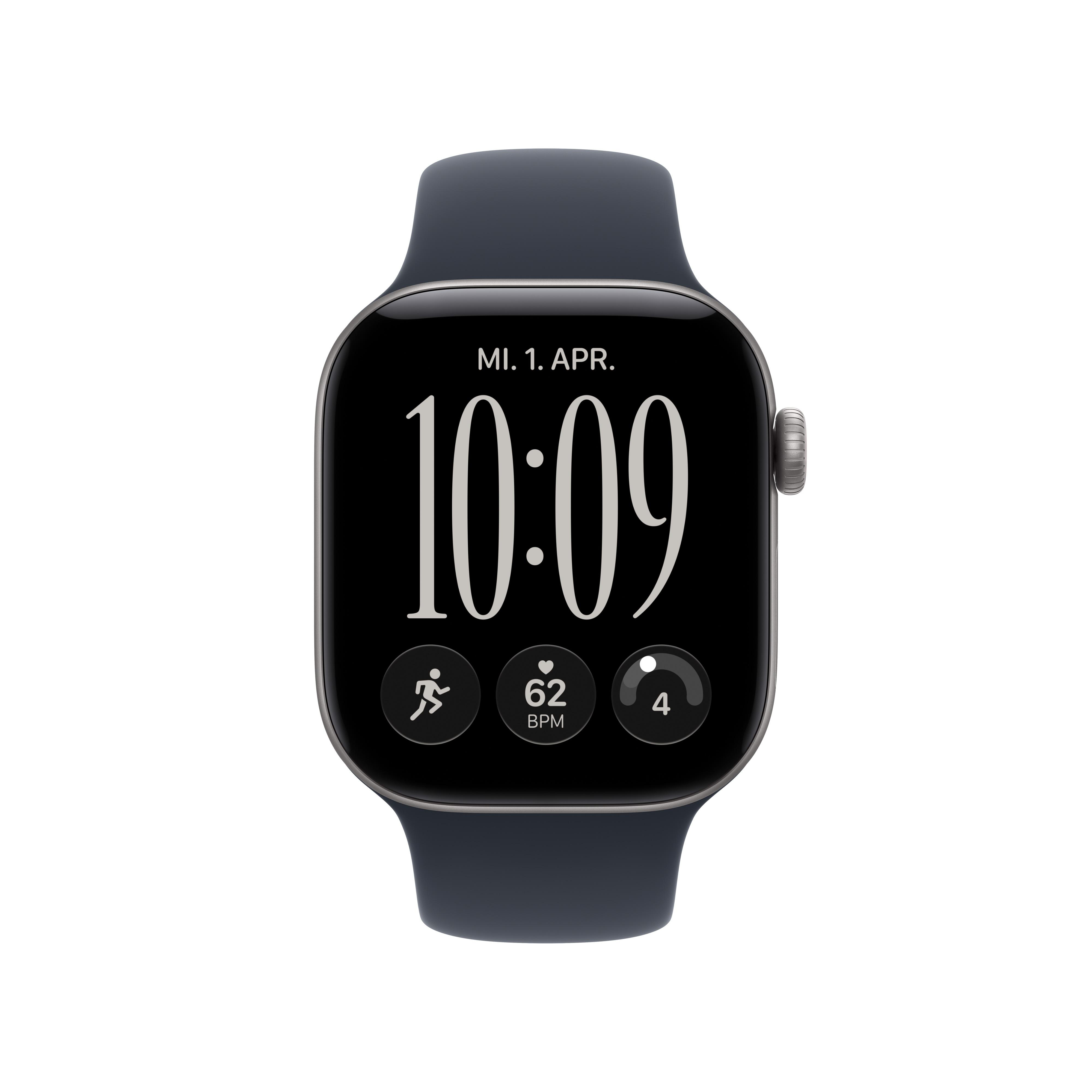 Eine schwarze Smartwatch mit dunkelgrauem Armband zeigt die Uhrzeit 10:09, das Datum und Herzfrequenz an.