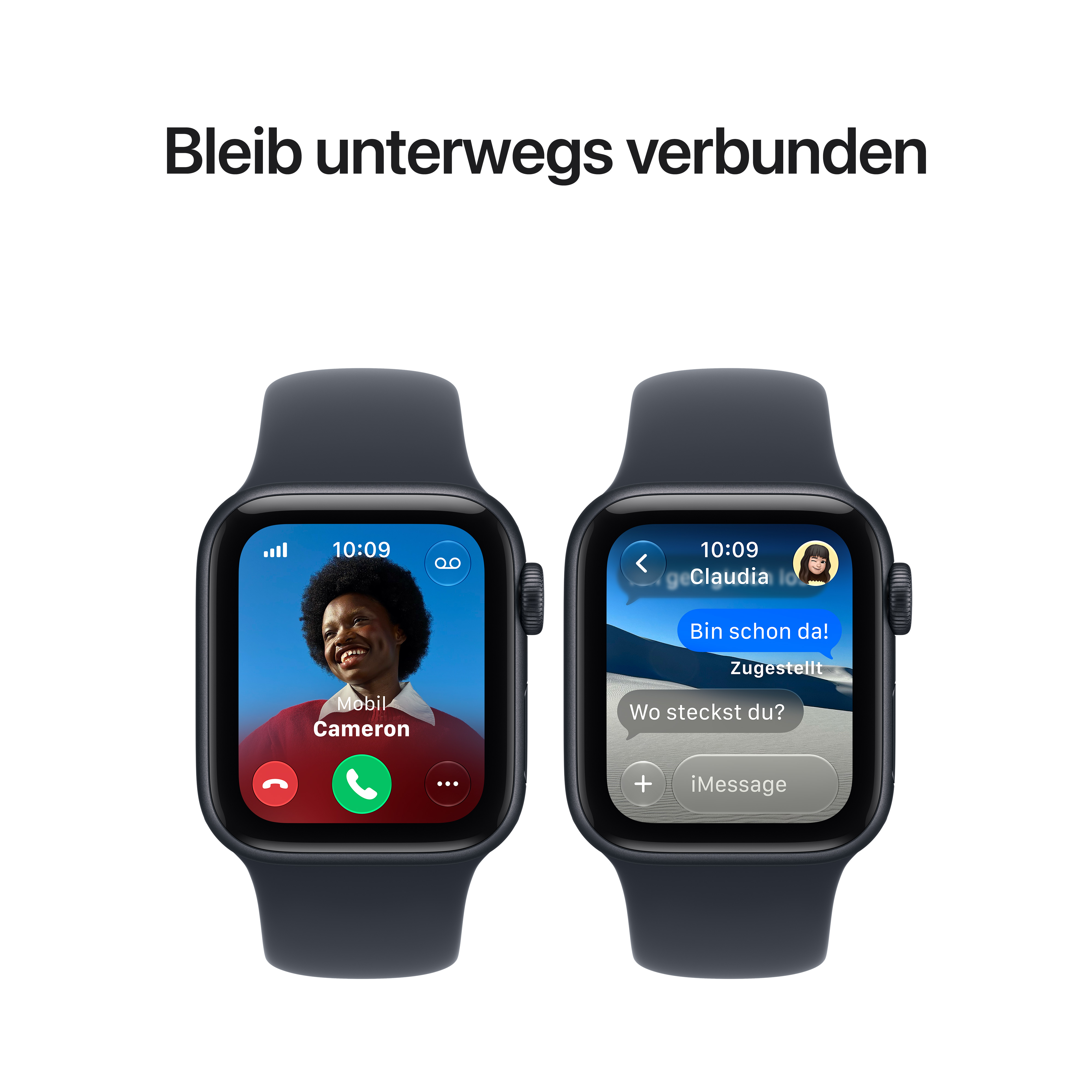 Zwei Apple Watches zeigen eine Videoanruf- und eine Nachrichten-App, begleitet vom Text "Bleib unterwegs verbunden".
