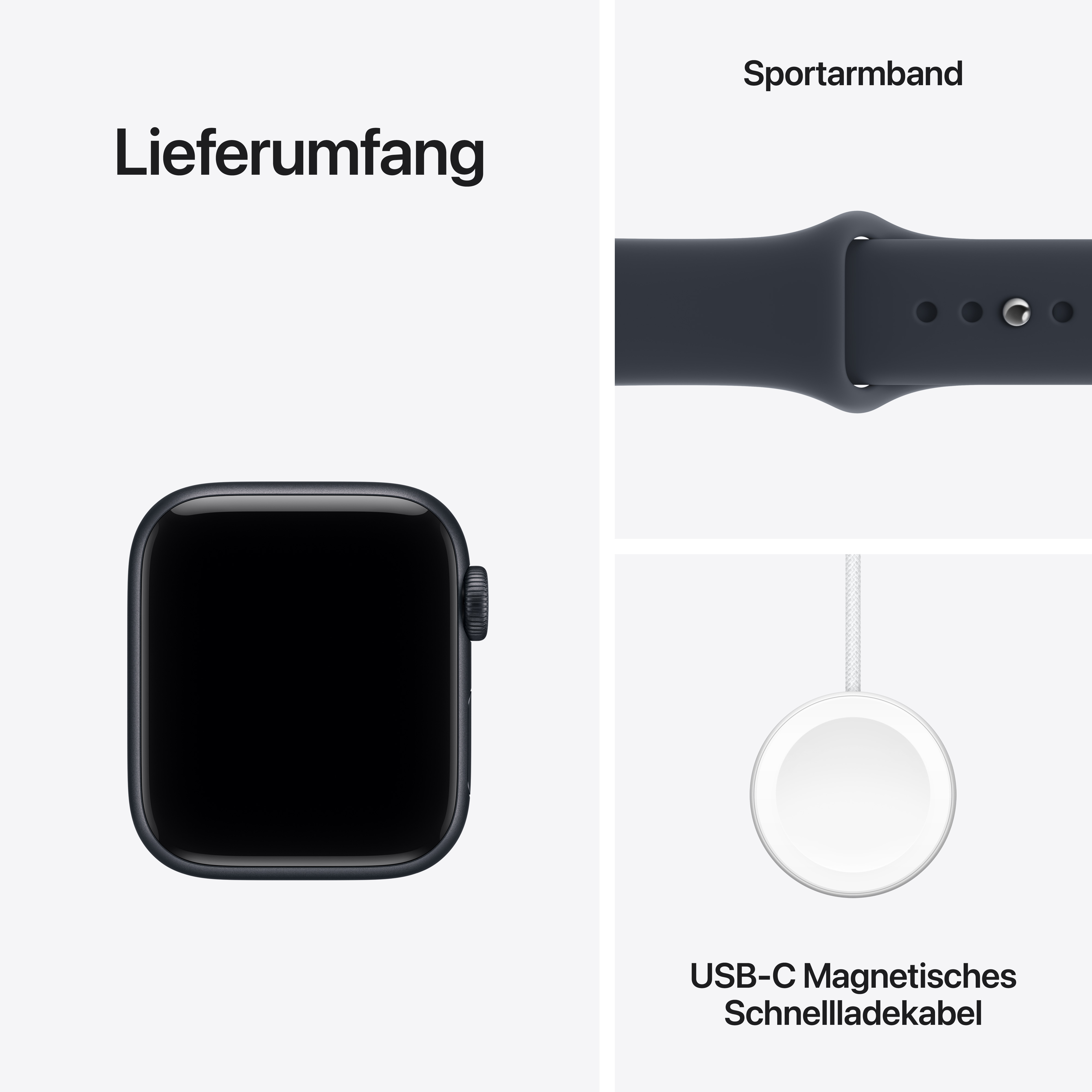 Lieferumfang mit Smartwatch, dunklem Sportarmband und weißem USB-C magnetischem Schnellladekabel.