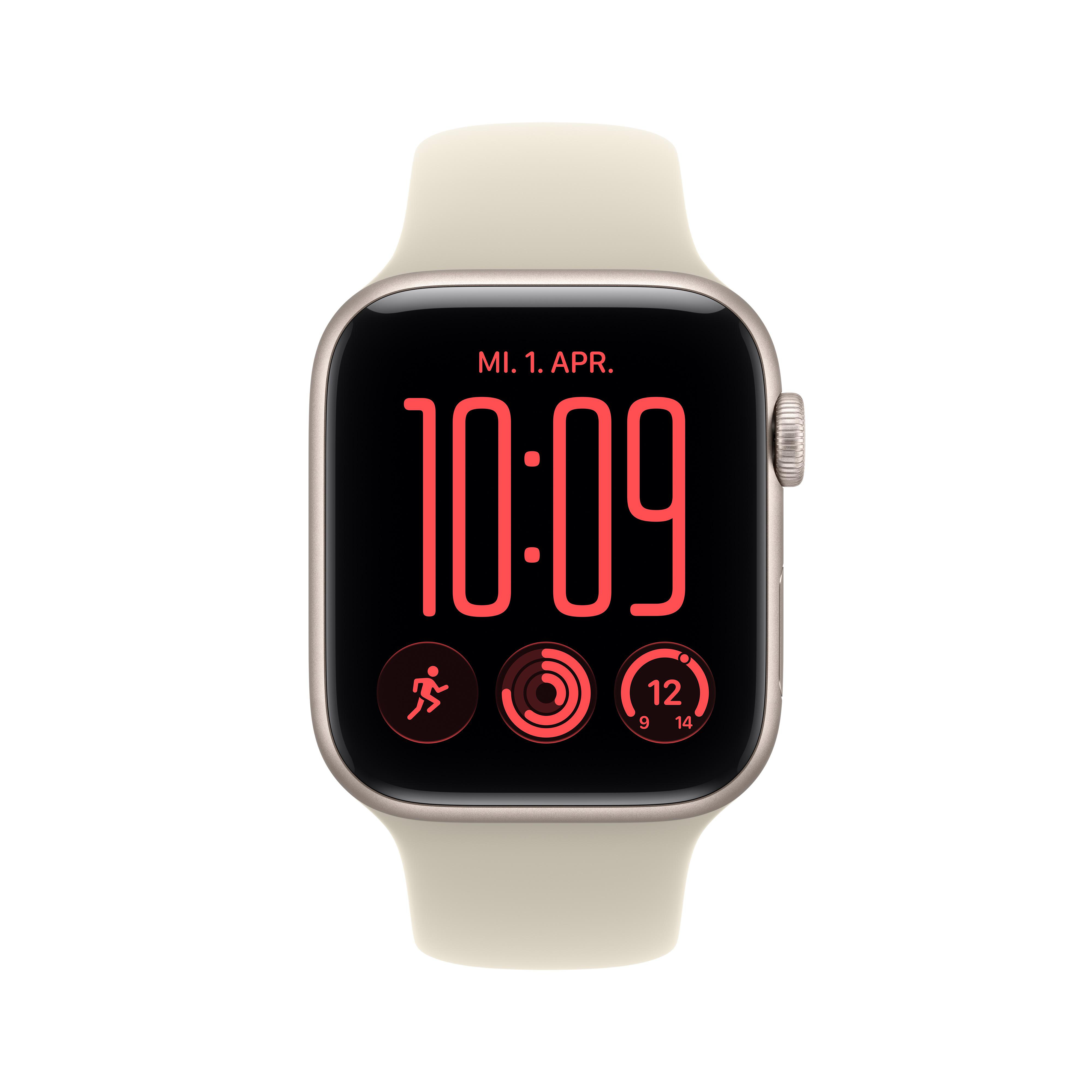 Eine cremefarbene Smartwatch zeigt ein rotes Zifferblatt mit dem Datum und Fitness-Metriken.