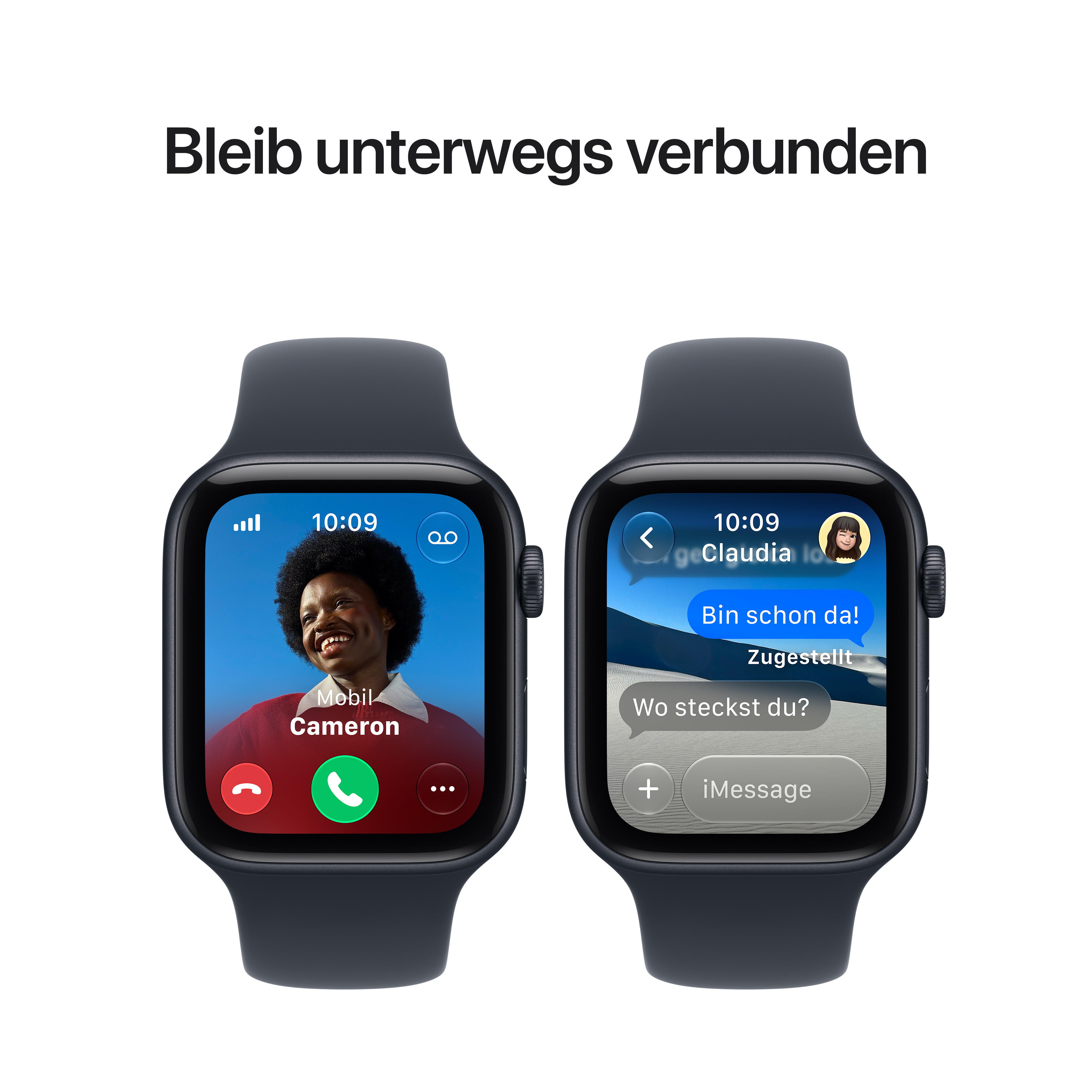 Zwei Smartwatches zeigen auf dem linken Display einen Anruf und auf dem rechten eine Nachricht.